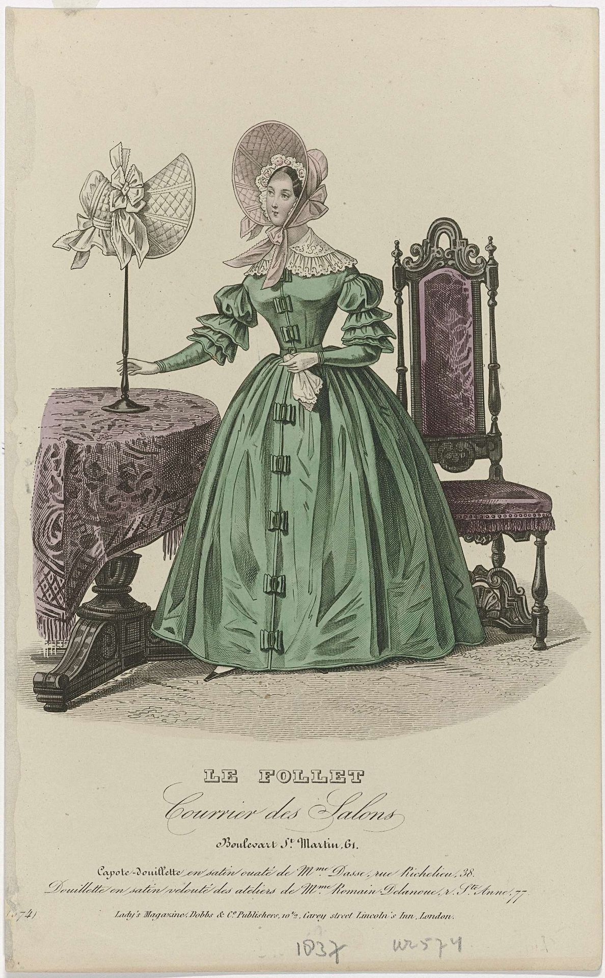 Le Follet Courrier des Salons, 1837, No. 574: Capote-douillett (...) by Anonymous