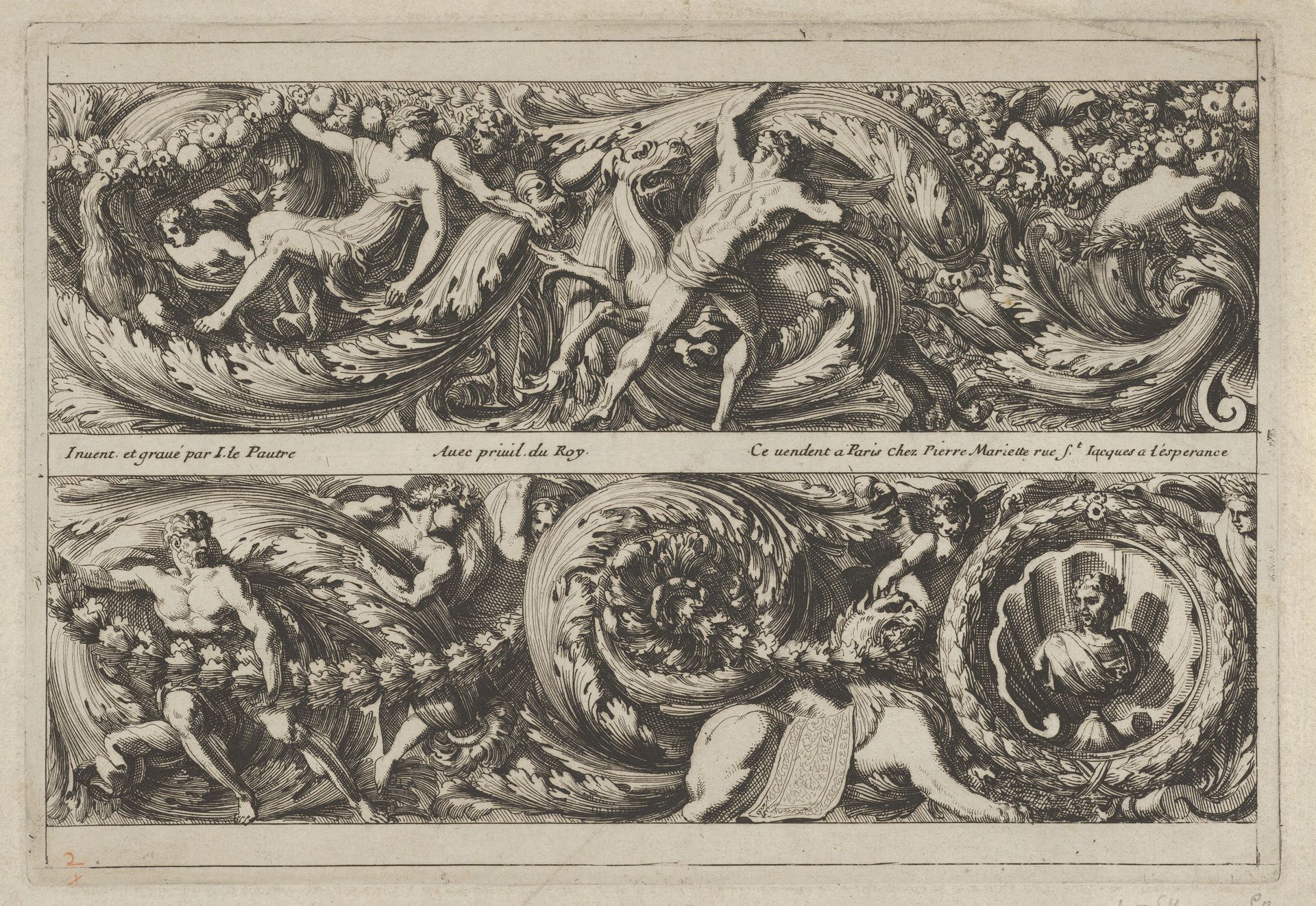 Two Designs for Friezes with Acanthus Scrolls from: Frises, Feuillages ou Tritons Marins à la romaine by Jean Le Pautre