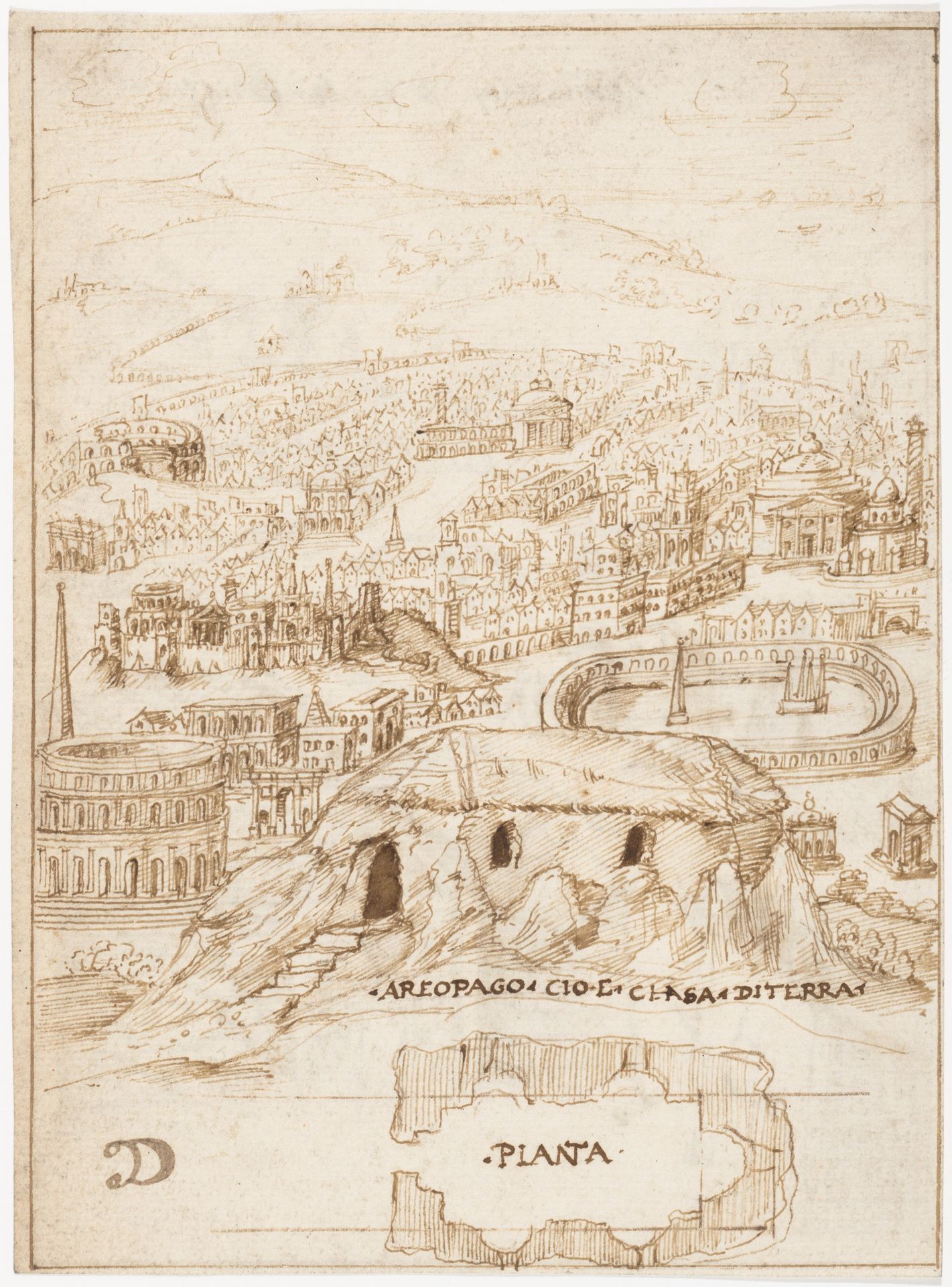 Recto: The Houses of the Barbarians (Vitruvius, Book 2, Chapter 1, nos. 3, 4); Verso: The Aeropagus in Athens with Cave Houses (Vitruvius, Book 2, Chapter 1, no. 5). by Sangallo family
