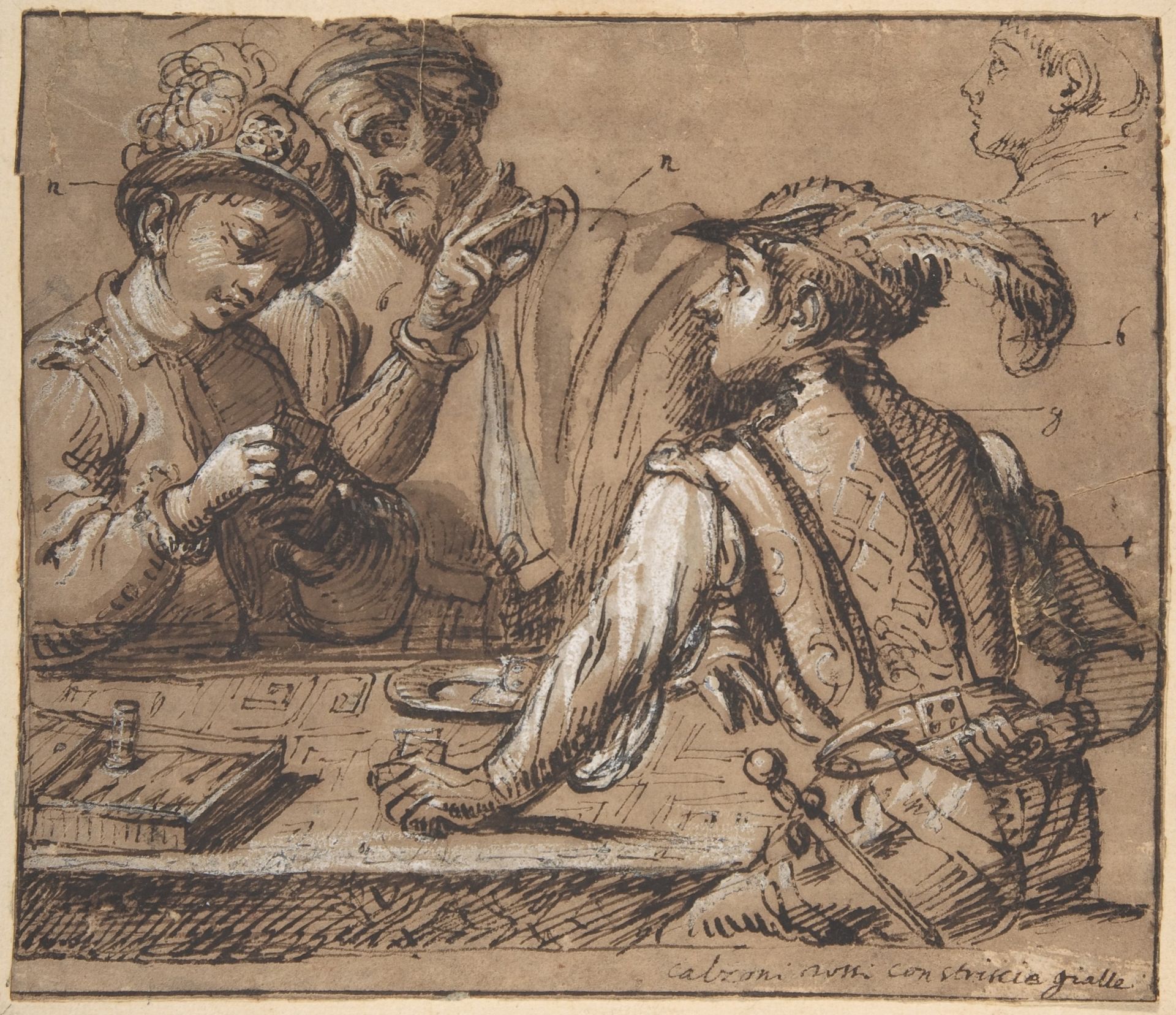 Study after Caravaggio's 'The Cardsharps' with color notes by Anonymous