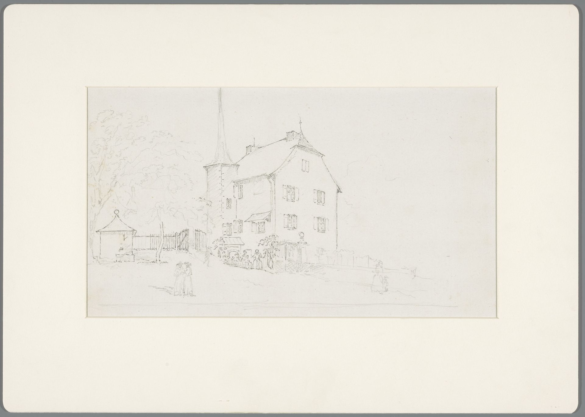 Landhuis in de buurt van het Lac Léman, met op de voorgrond enige figuren by David Alphonse de Sandoz-Rollin