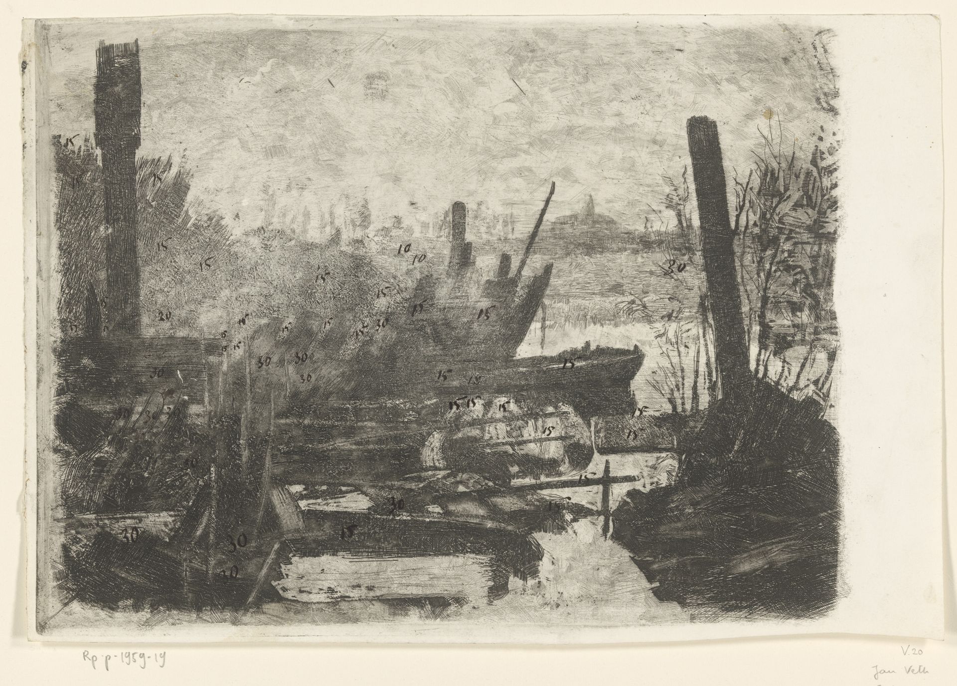 Wrakken in een polderlandschap by Jan Veth