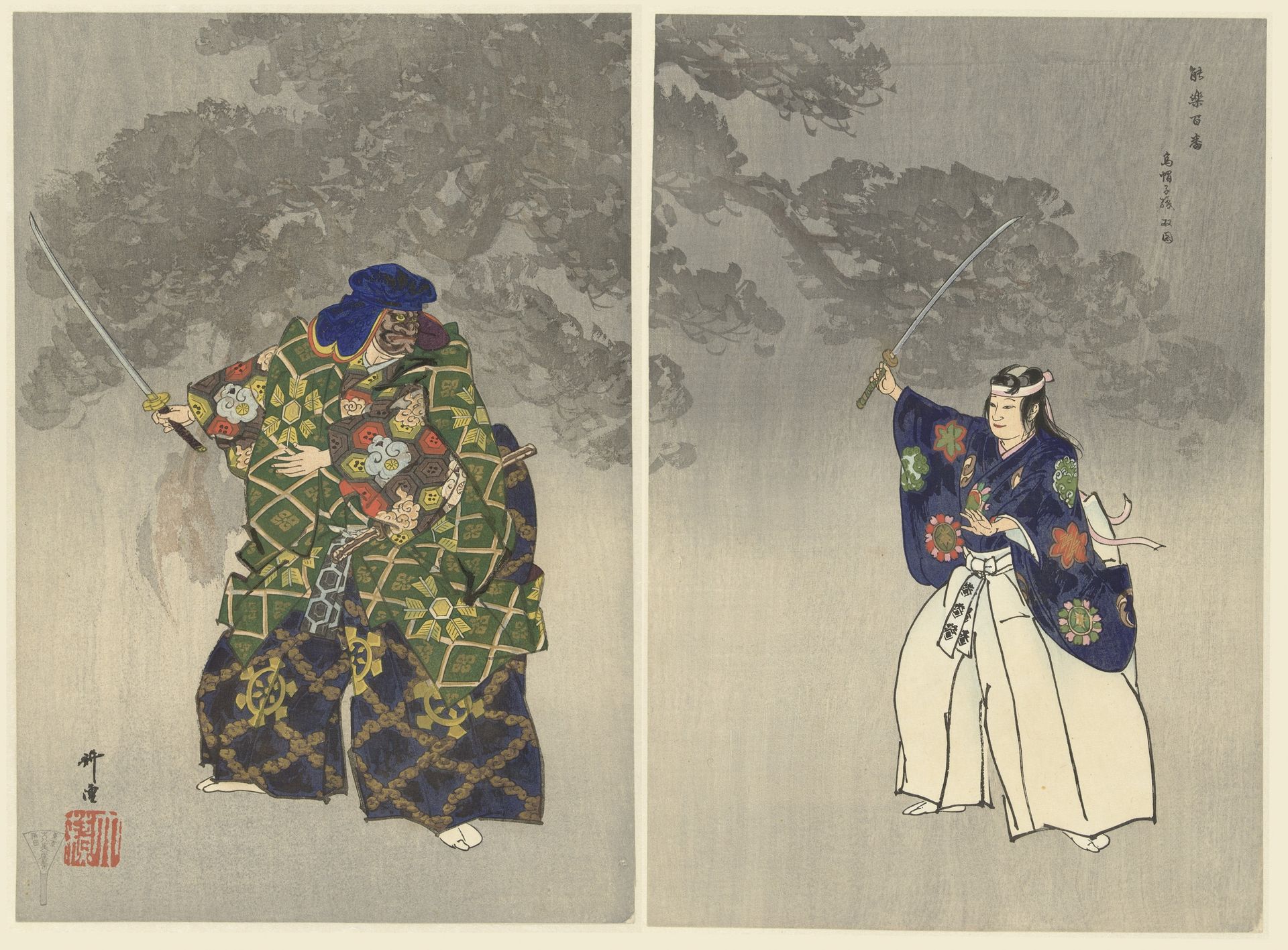 Acteurs in het Noh theaterstuk Eboshiori by Tsukioka Kôgyo