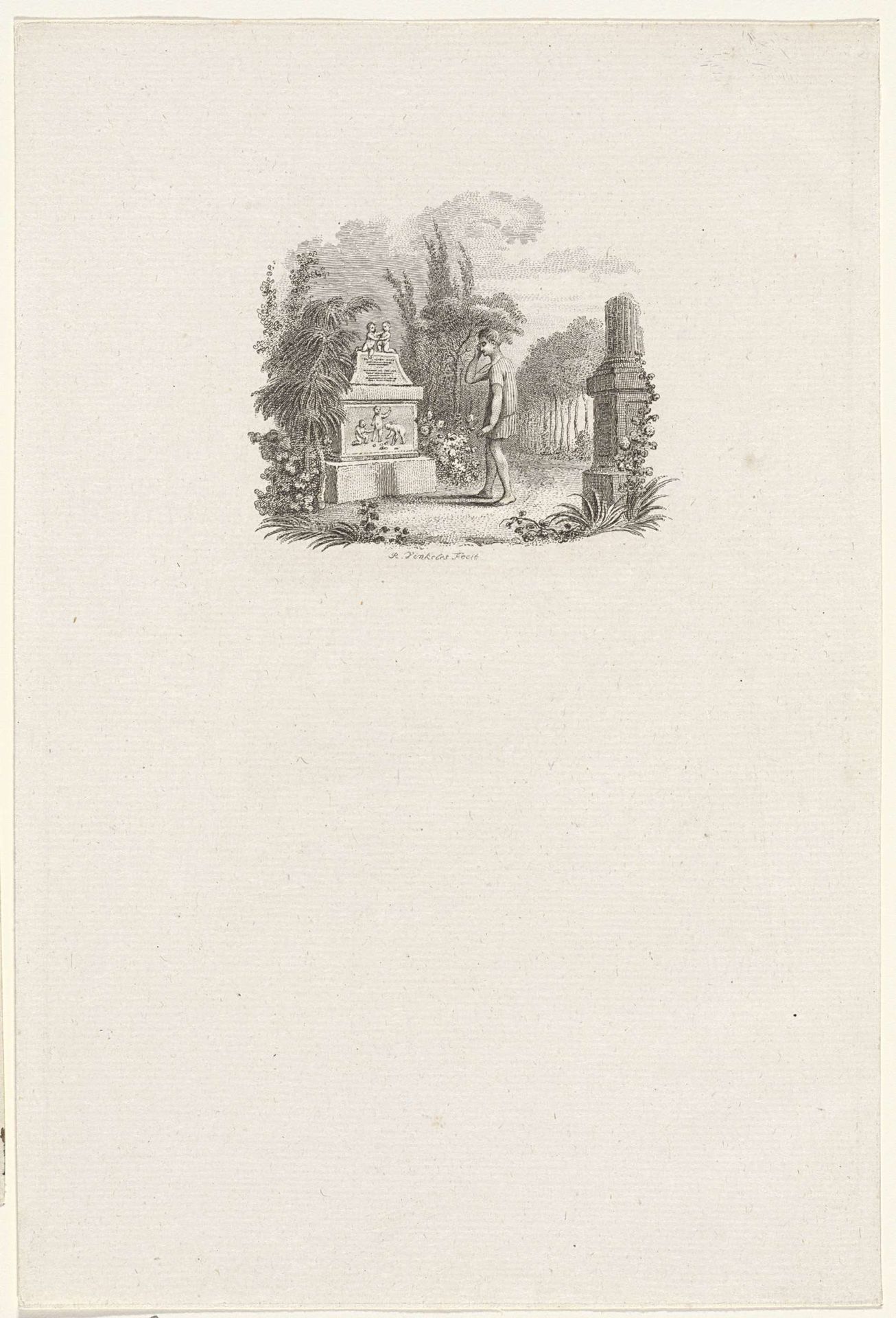 Jonge man bij een grafmonument by Reinier Vinkeles