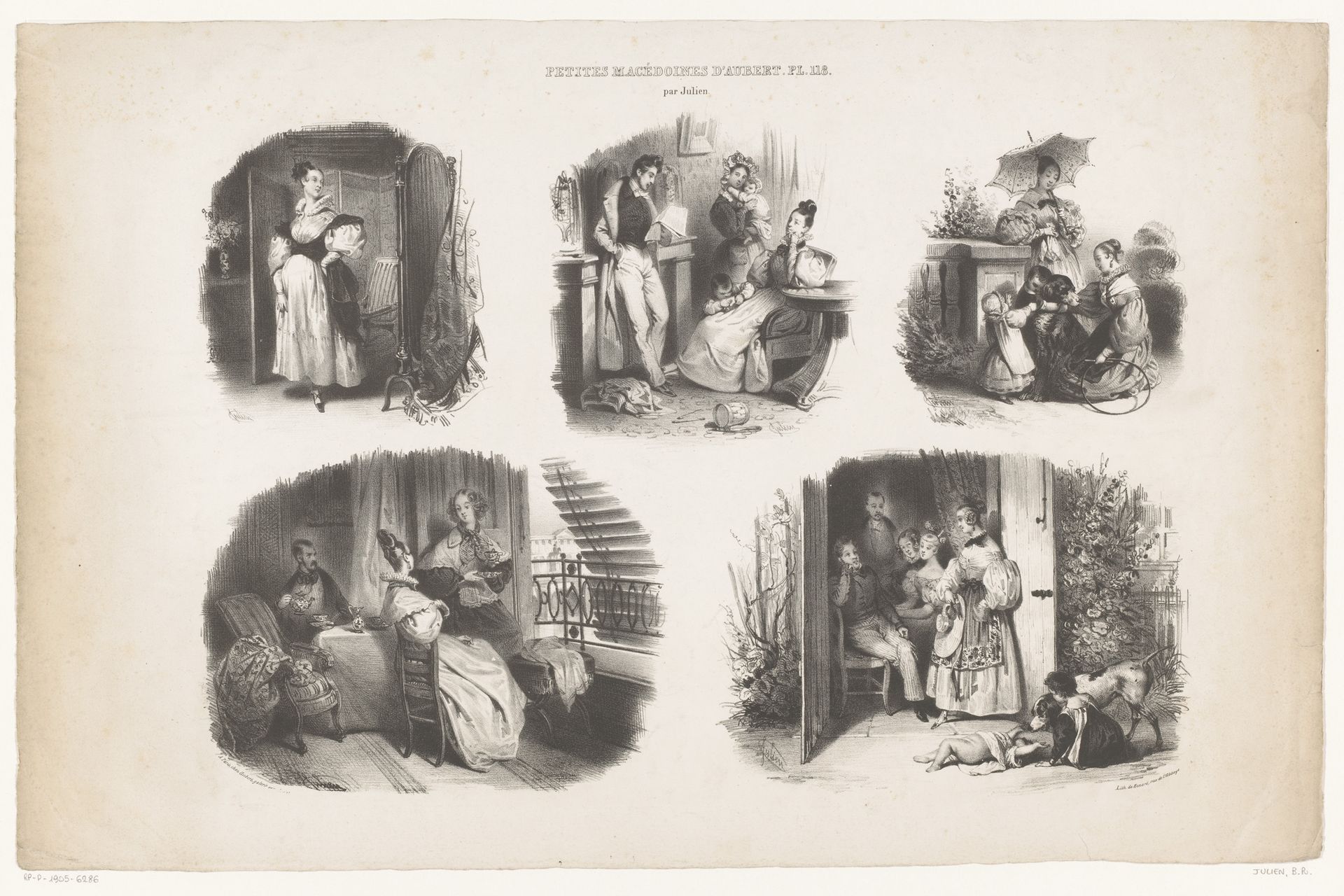 Vijf voorstellingen van mensen in tuinen en interieurs by Bernard Romain Julien