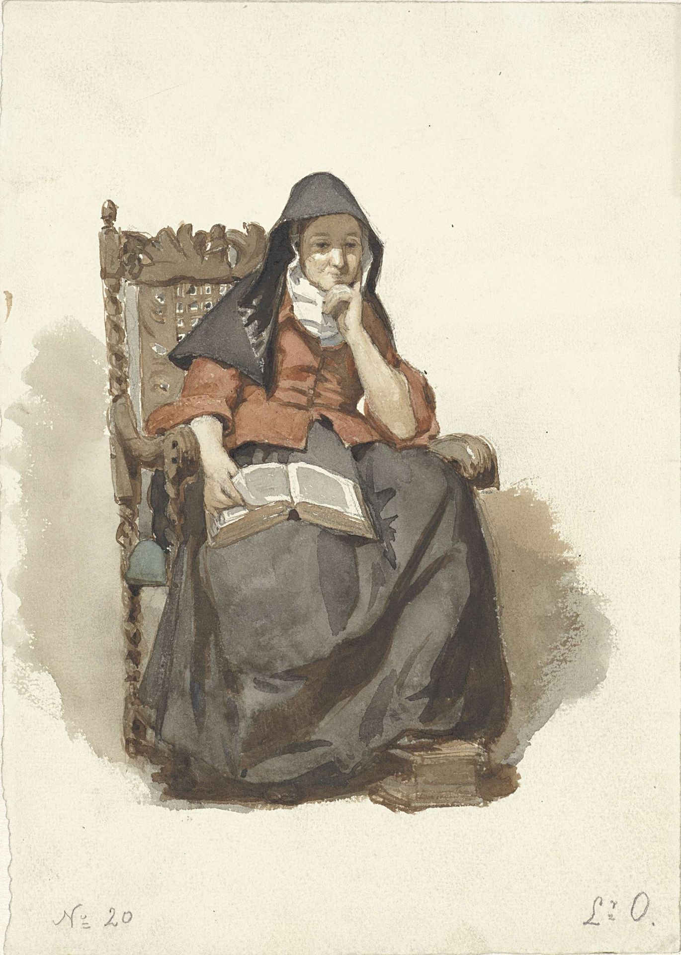 Zittende peinzende vrouw met boek by Johannes Engel Masurel