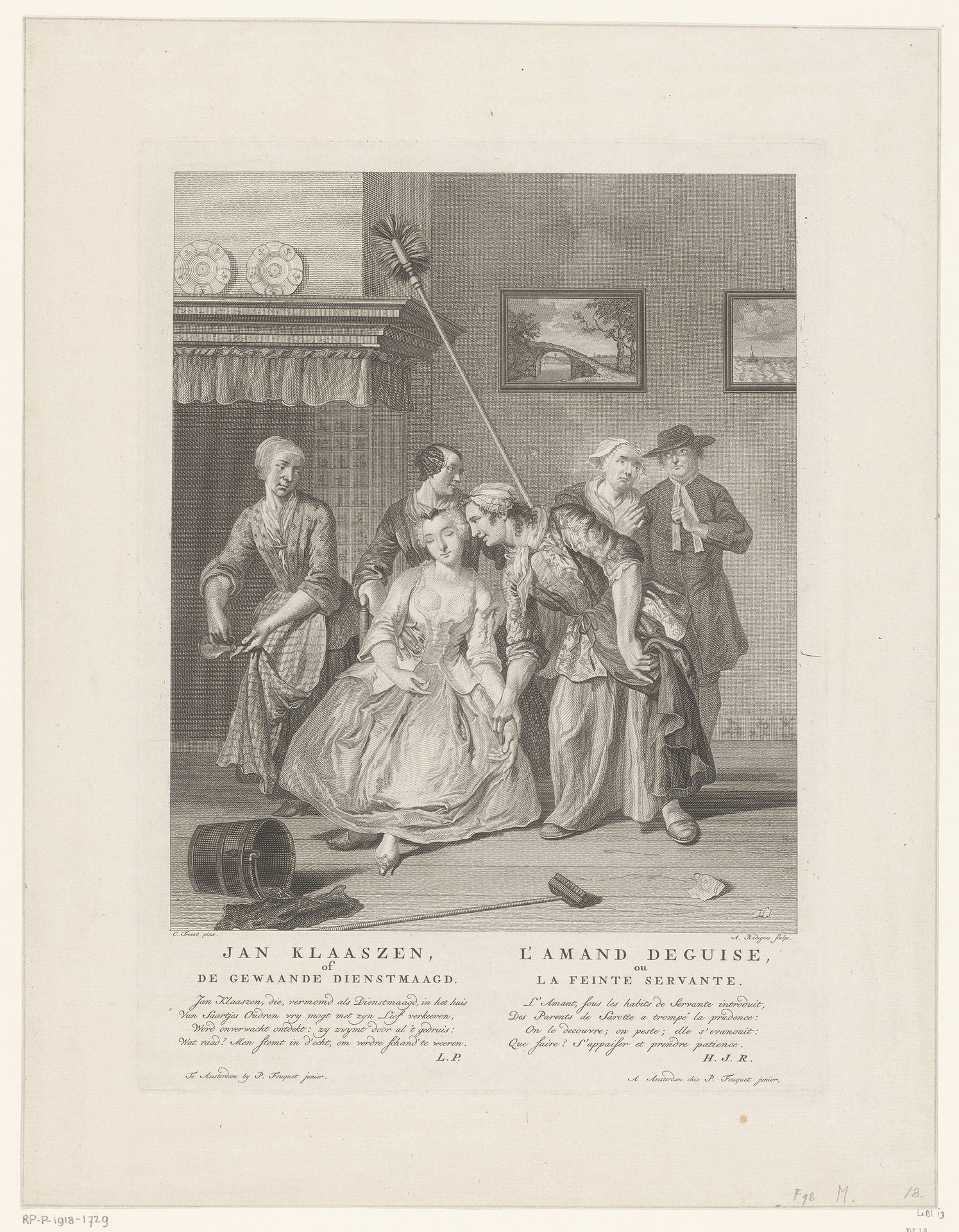 Interieur met Saartje op een stoel, omringd door huispersoneel by Antoine Radigues