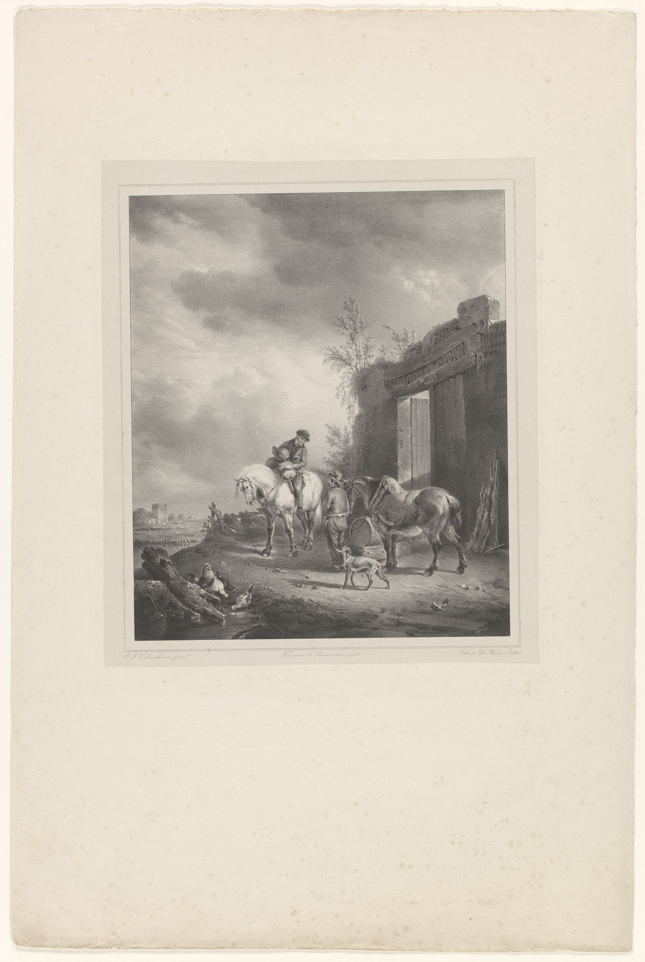 Landschap met twee mannen en paarden bij een poort by Théodore Fourmois