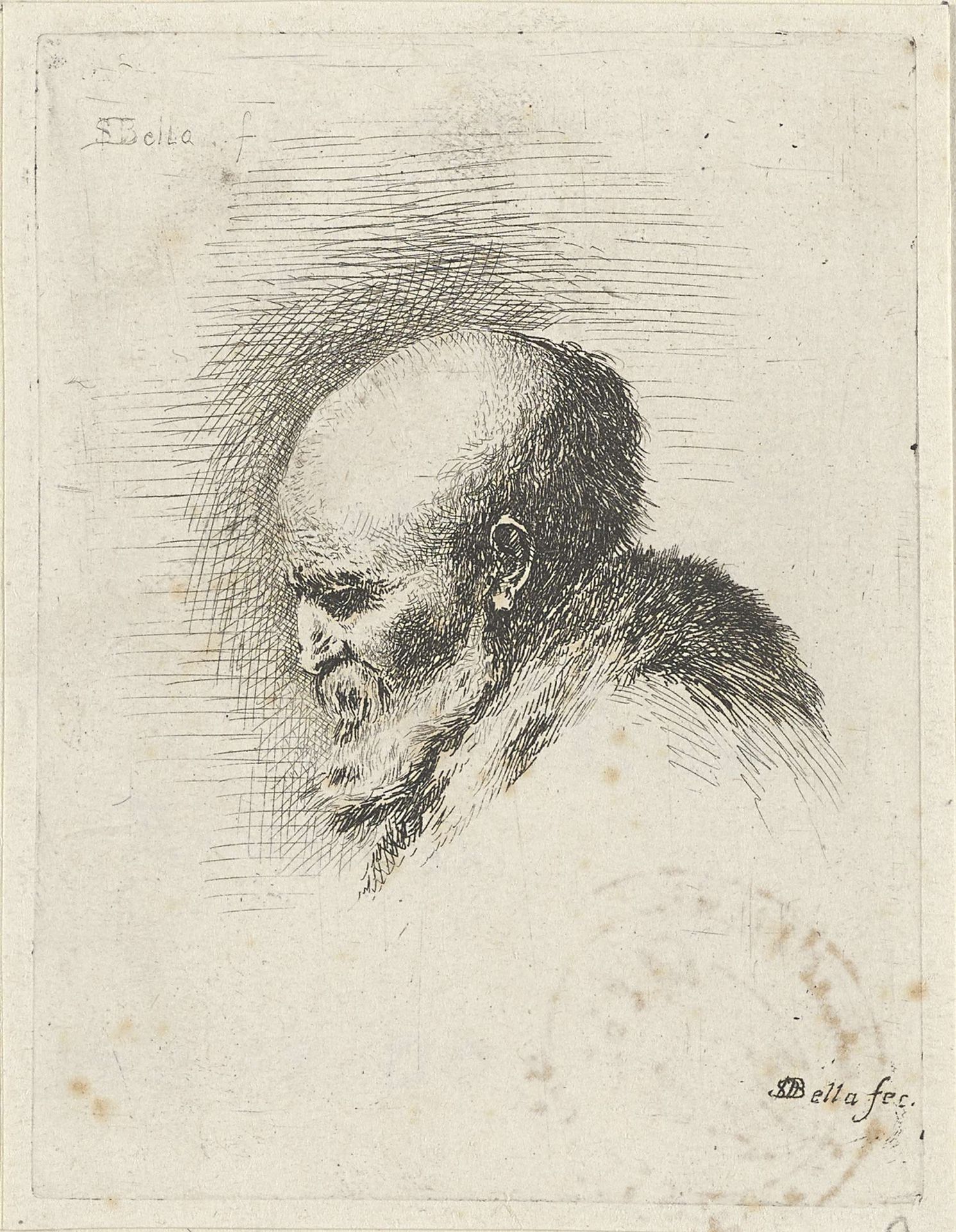 Hoofd van een oude kale man met baard, in profiel naar links by Stefano della Bella