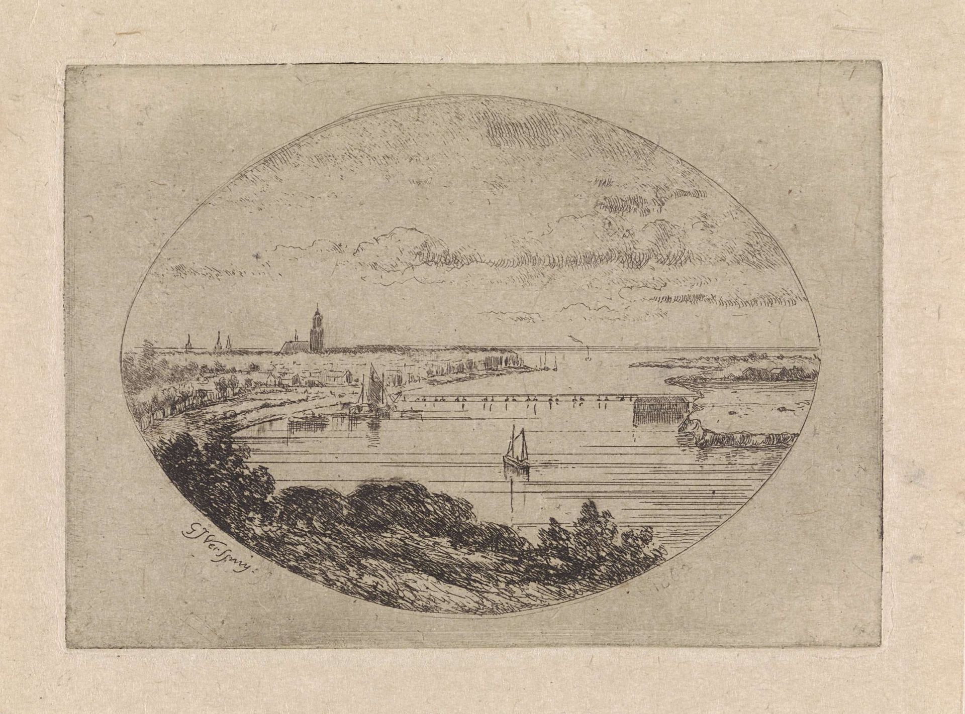 Gezicht op een rivier met een brug by Gijsbertus Johannes Verspuy