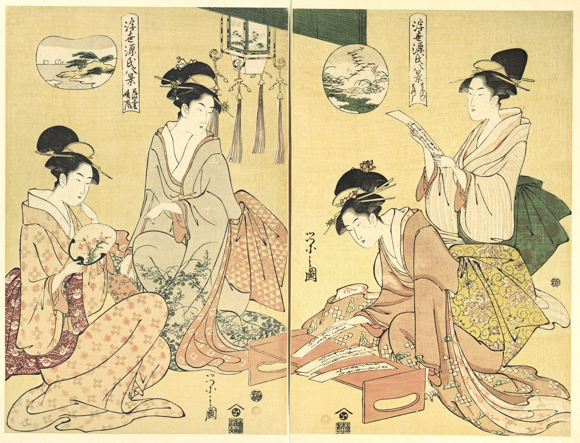 Spirit Summoner; Wild Geese Returning Home (Maboroshi; Rakugan) (right) and A Thin Veil of Clouds; Clearing Weather (Usugumo; Seiran) (left), from the series Eight Views of The Tale of Genji in the Floating World (Ukiyo Genji hakkei) by Chōbunsai Eishi 鳥文斎栄之