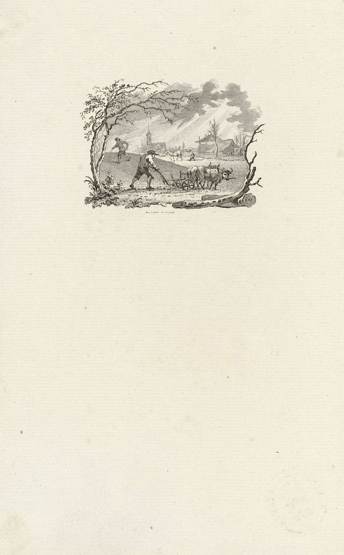 Vignet met een landschap met ploegende en zaaiende boeren by Reinier Vinkeles