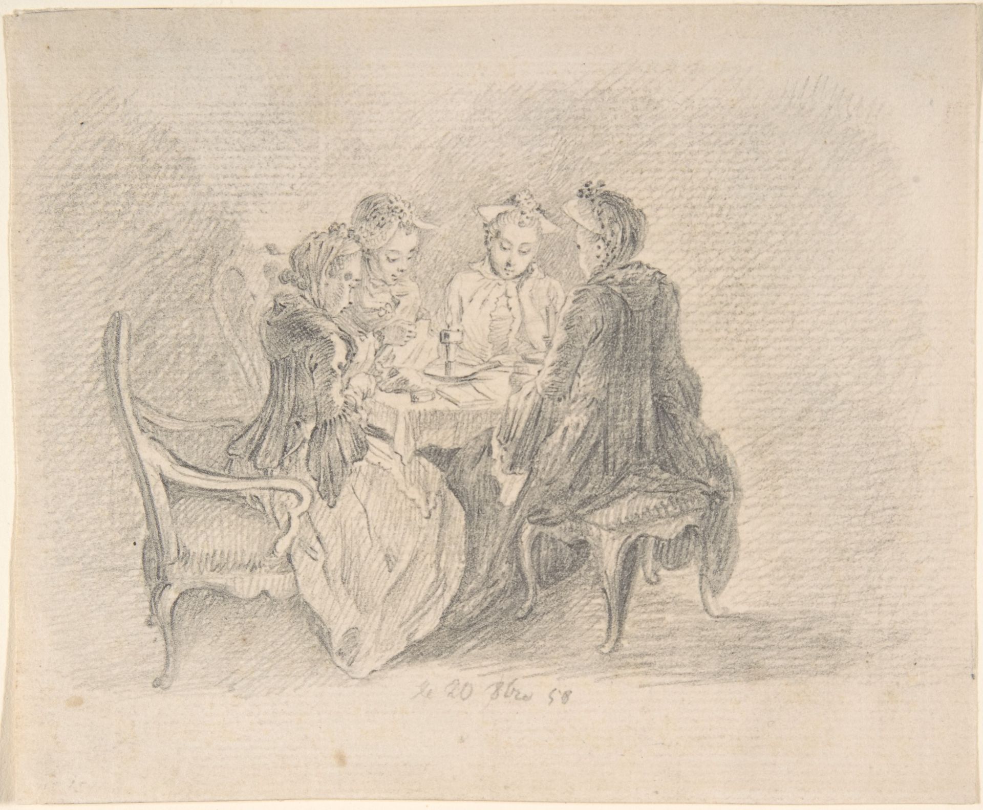 Four Ladies Sitting around a Table Occupied with Needlework, Reading, and Writing; verso: Study of a Woman with Needlework by Daniel Nikolaus Chodowiecki