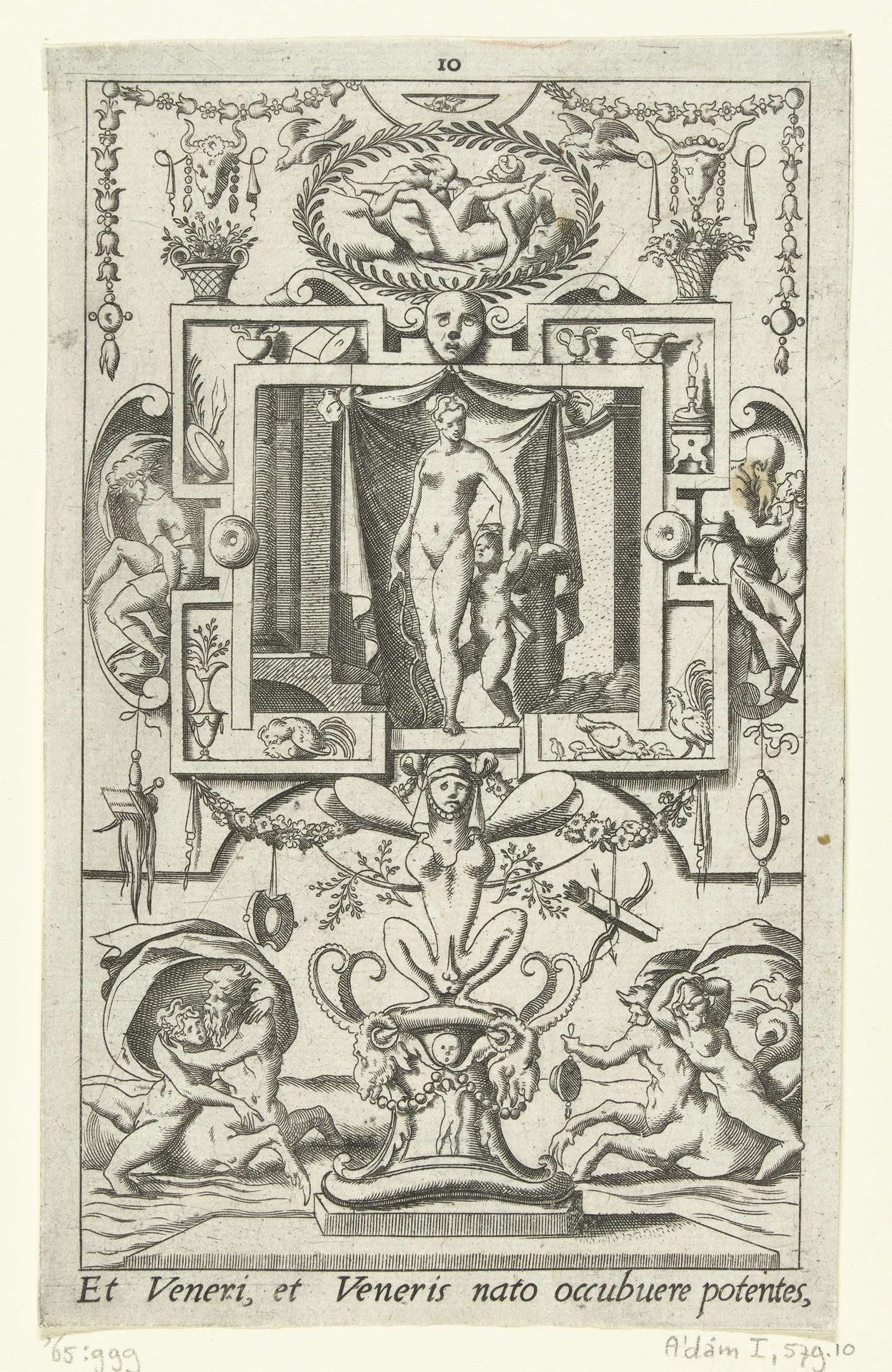 Venus en Amor in een rechthoekige omlijsting by René Boyvin
