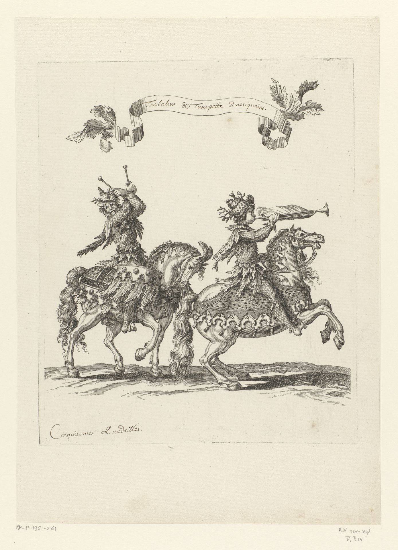 Trommelslager en trompettist te paard verkleed als wildemannen by François Chauveau