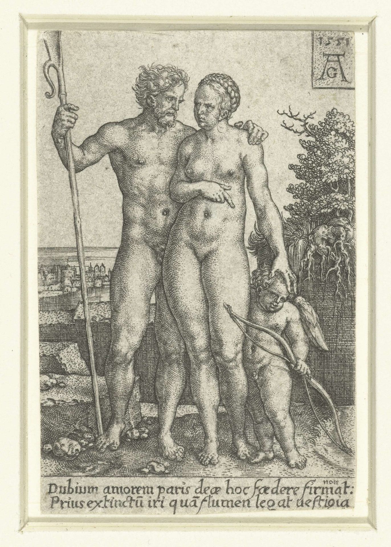 Paris, Oenone en Cupido by Heinrich Aldegrever