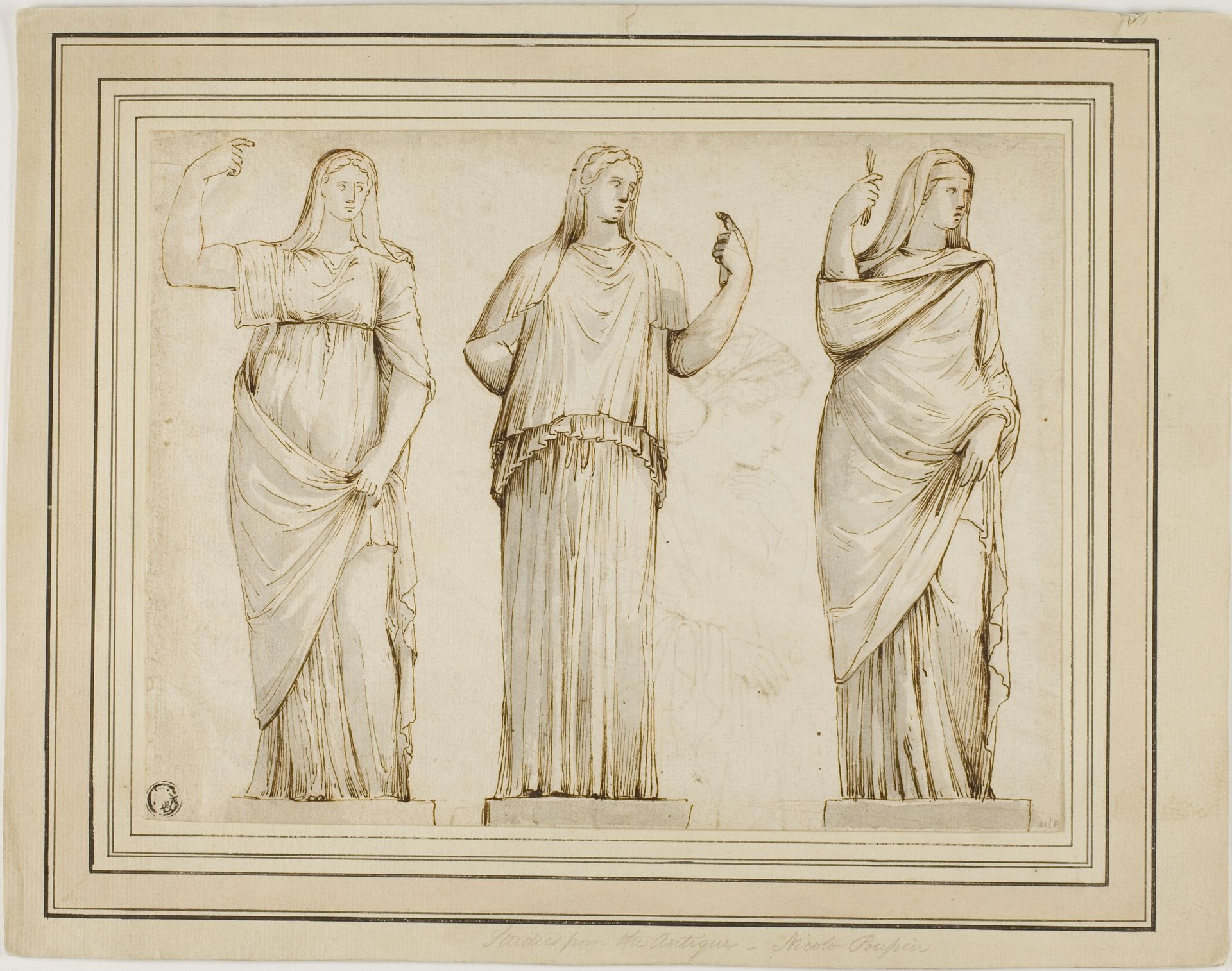 Three Roman Statues of Draped Female Figures and Sketch of Another Statue in Profile to Right by Anonymous
