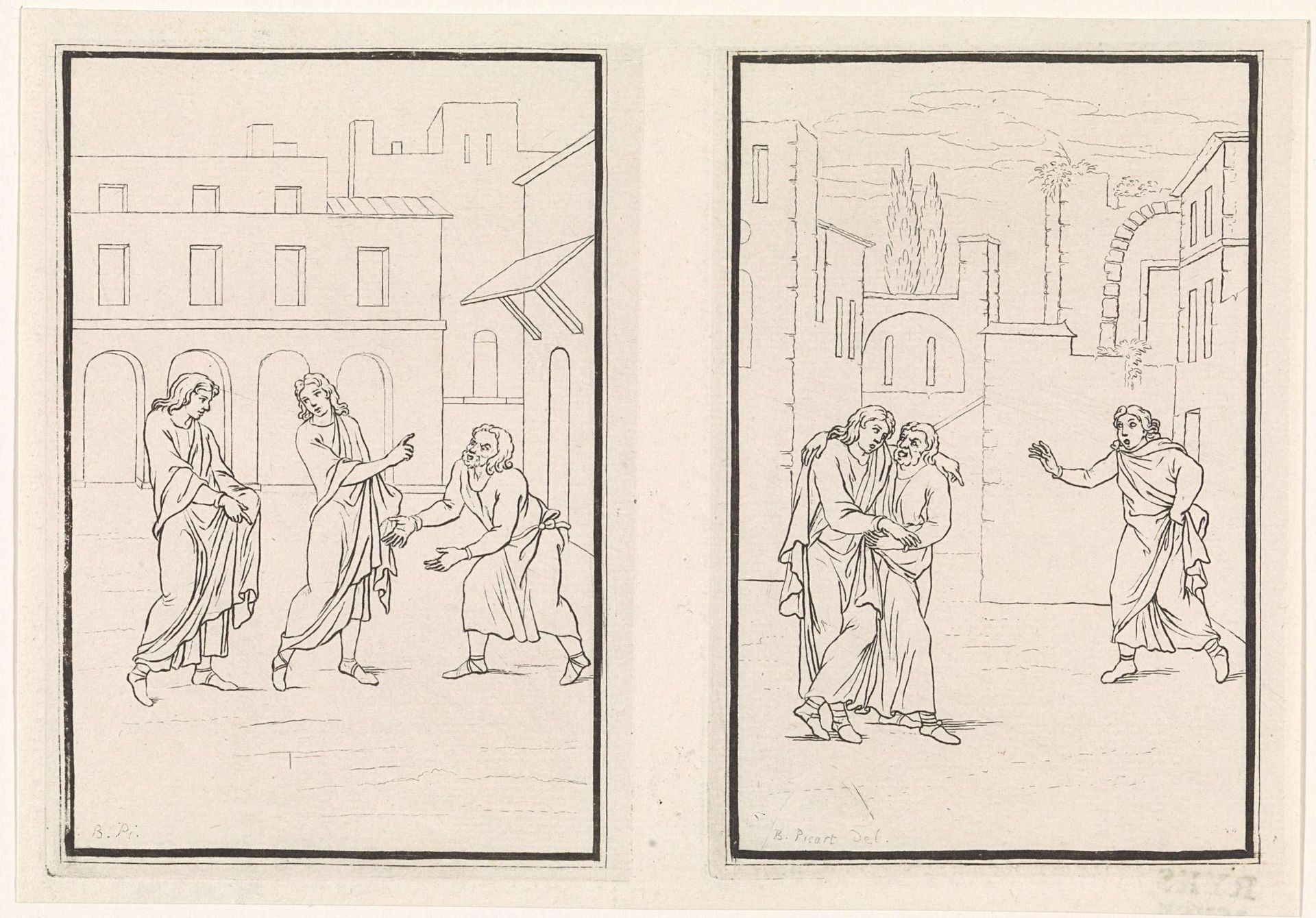 Twee scènes uit de komedie Andria van Terentius by Bernard Picart