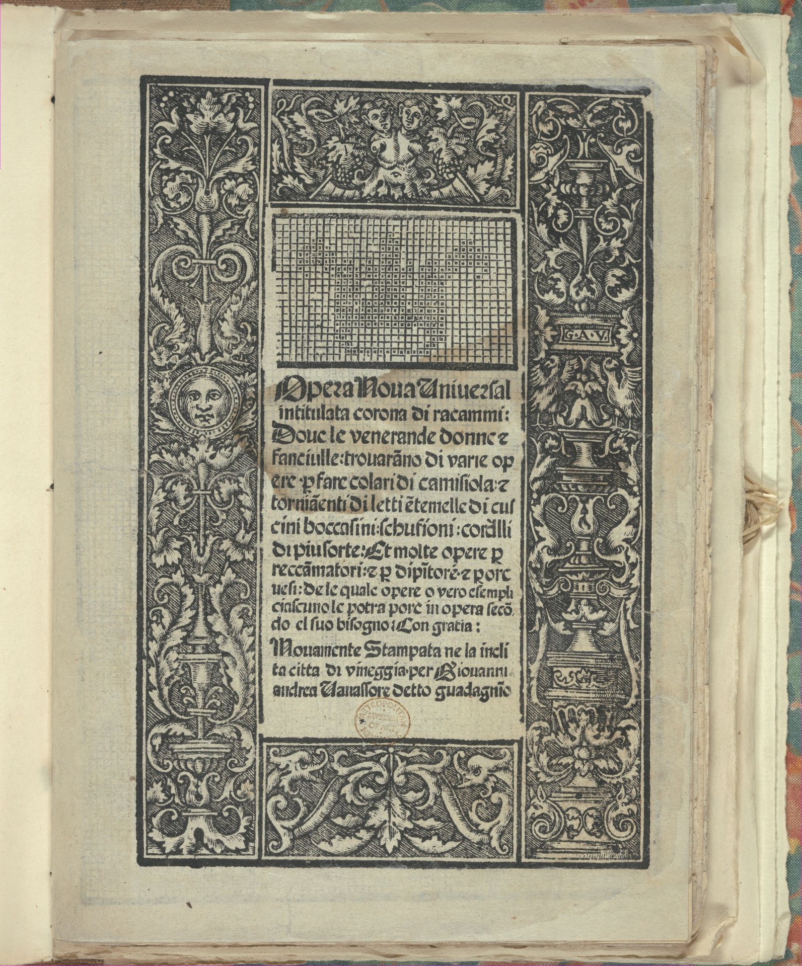 Opera Nova Universali intitulata Corona di racammi, title page (recto) by Giovanni Andrea Vavassore