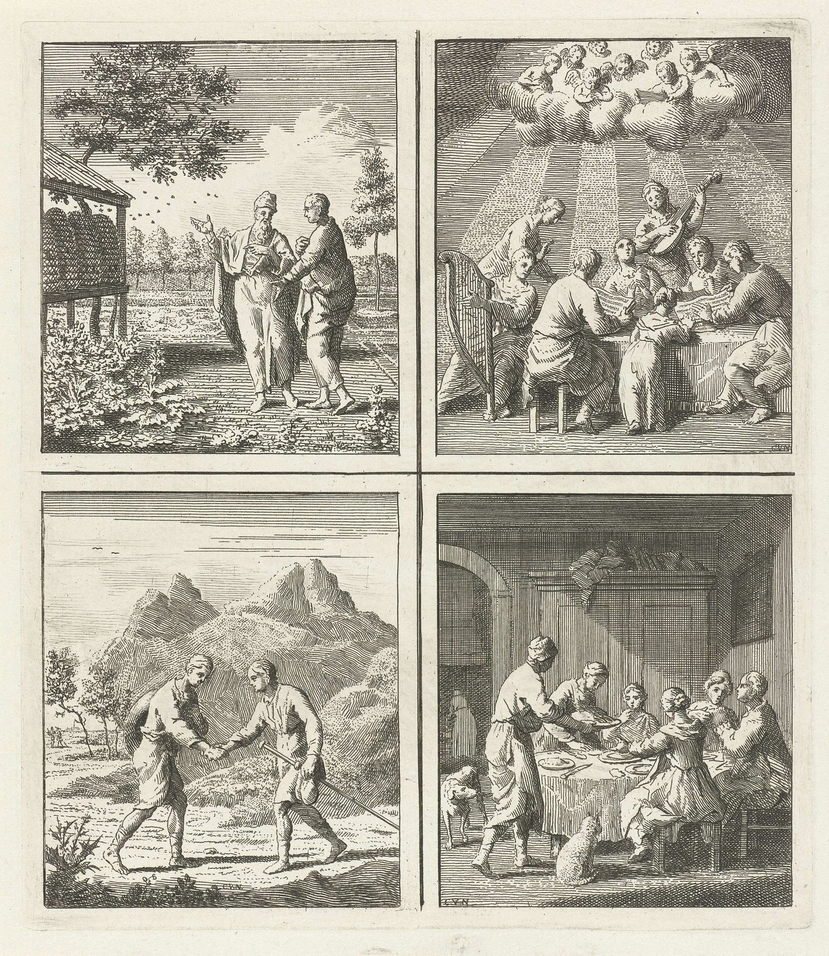 Bijenkorven / Muzikanten rond een tafel / Vriendschap / Maaltijd by Cornelis van Noorde
