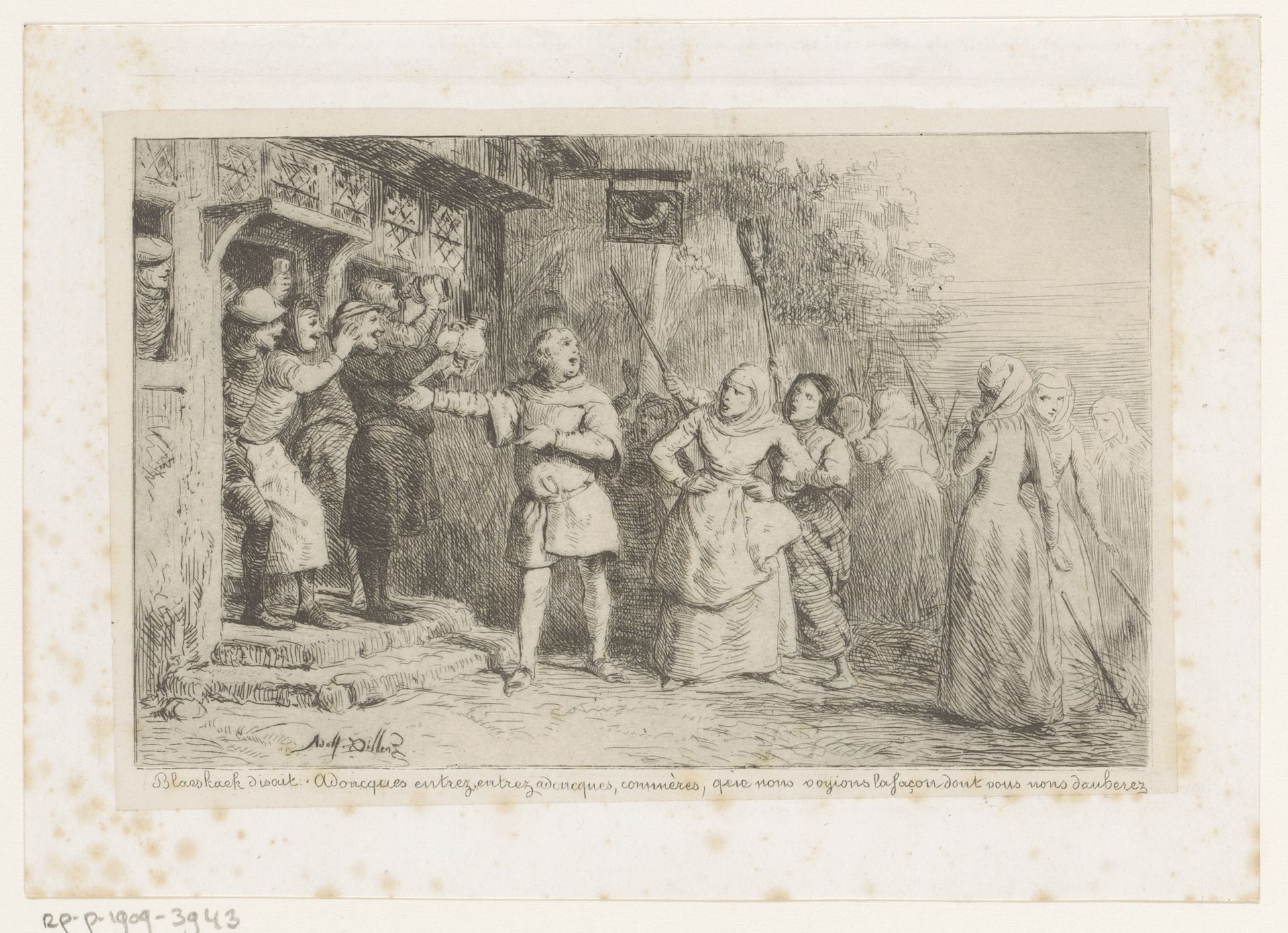 Menigte vrouwen voor een herberg met drinkers by Adolphe Alexandre Dillens