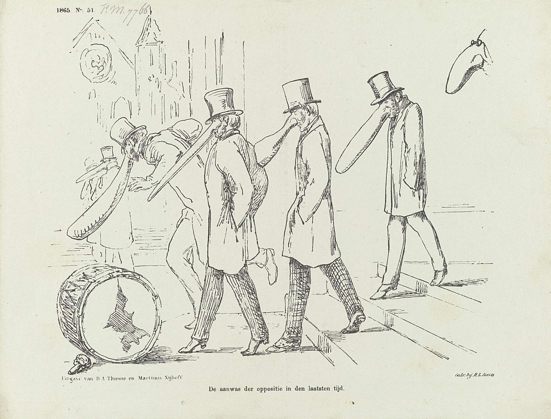 Spotprent op de leden van de oppostie met grote neuzen, 1865 by Johan Michaël Schmidt Crans