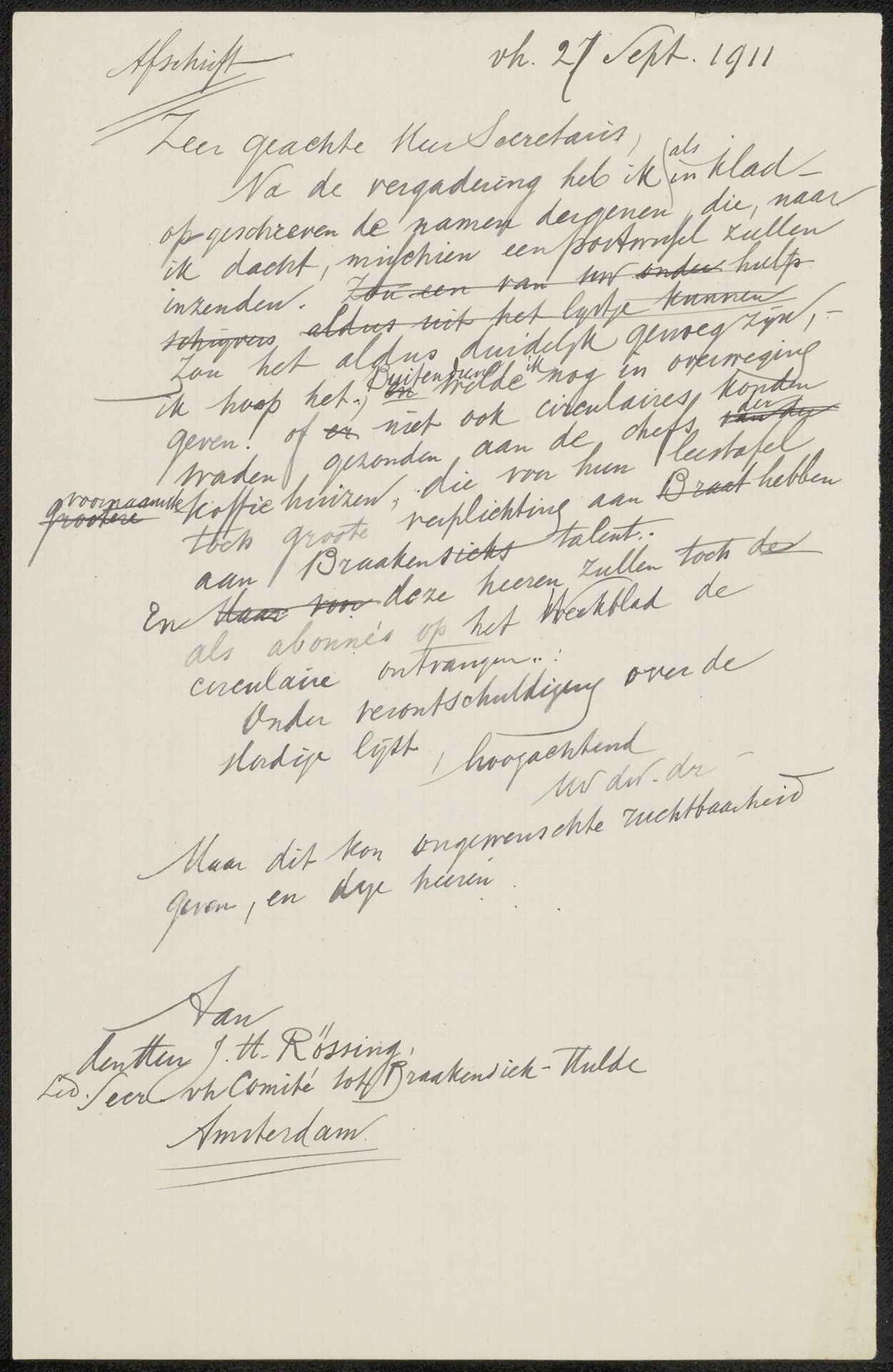 Brief aan J.H. Rössing by August Allebé