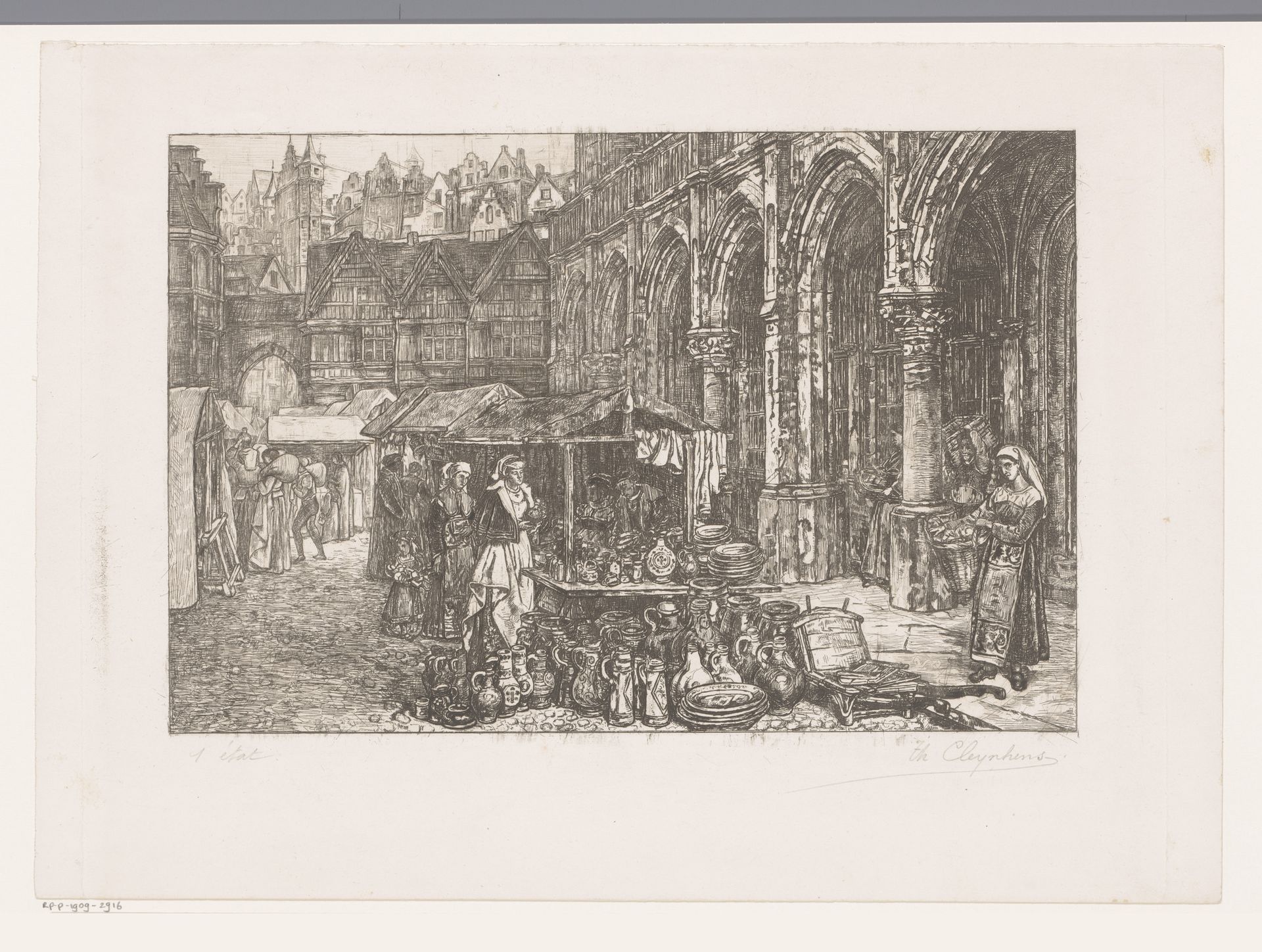 Middeleeuwse markt met keramiekkraam by Théodore Joseph Cleynhens
