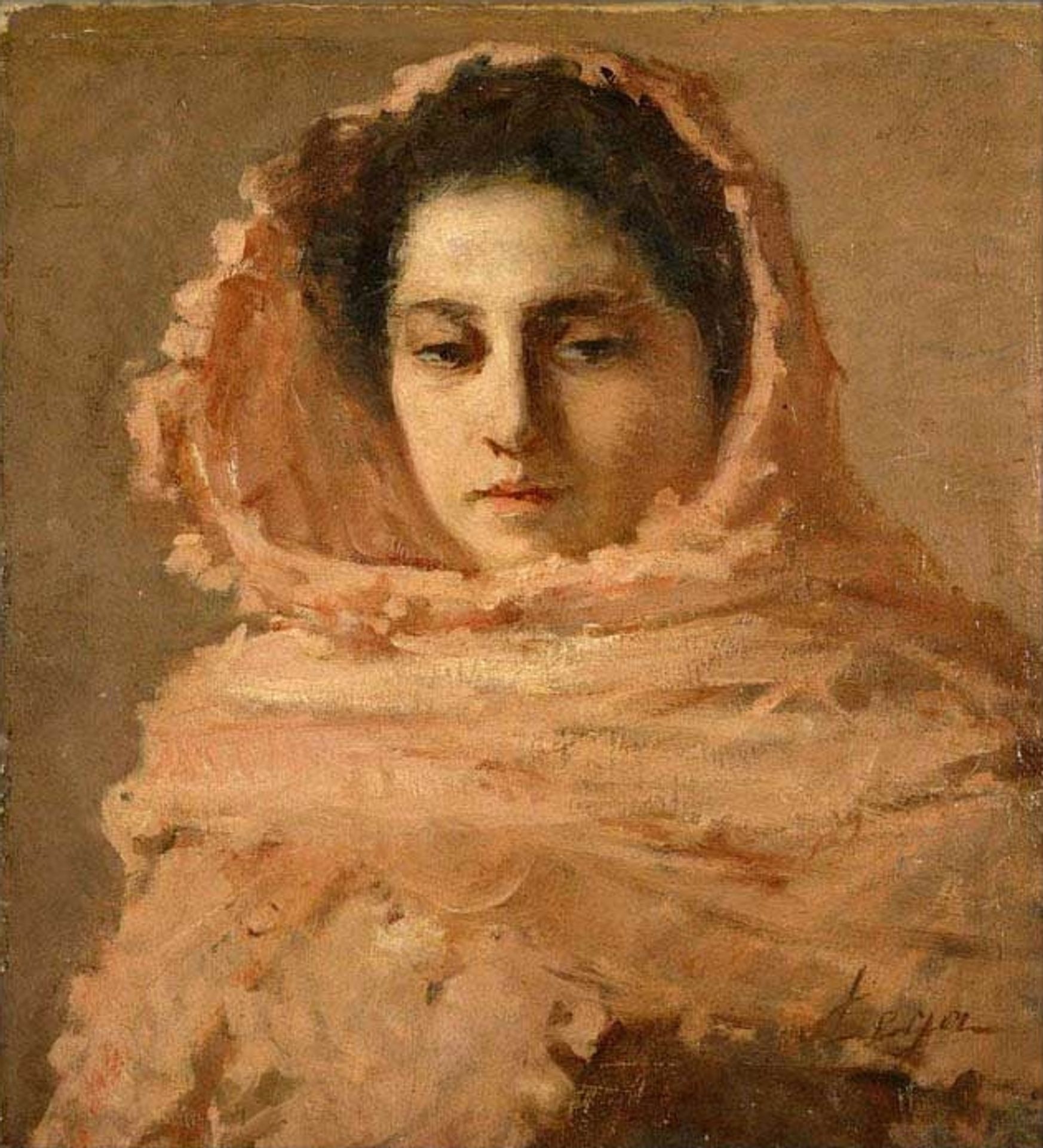 Woman with pink shawl by Silvestro Lega