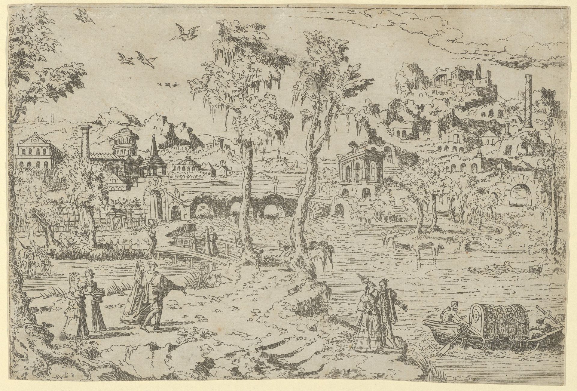 Landscape with ruins, courtiers, and a gondola by Léon Davent