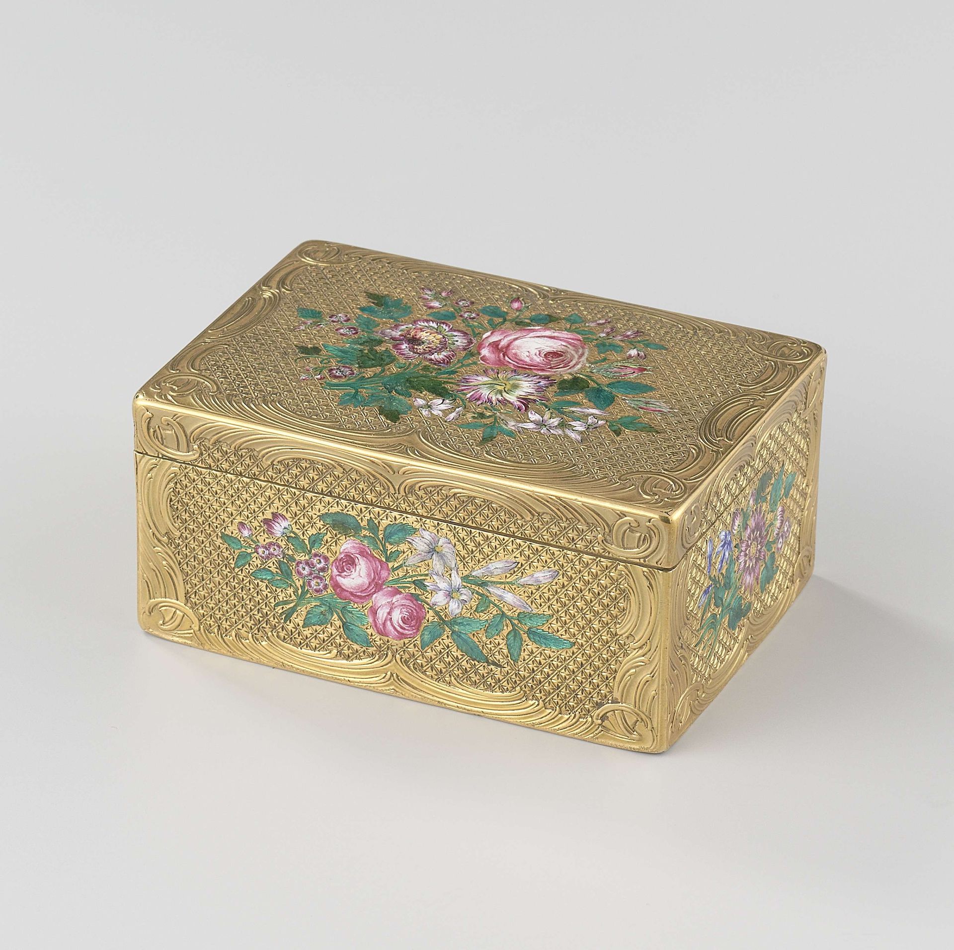 Snuifdoos van goud, rechthoekig, versierd met bloemboeketten van émail by Barnabé Sageret