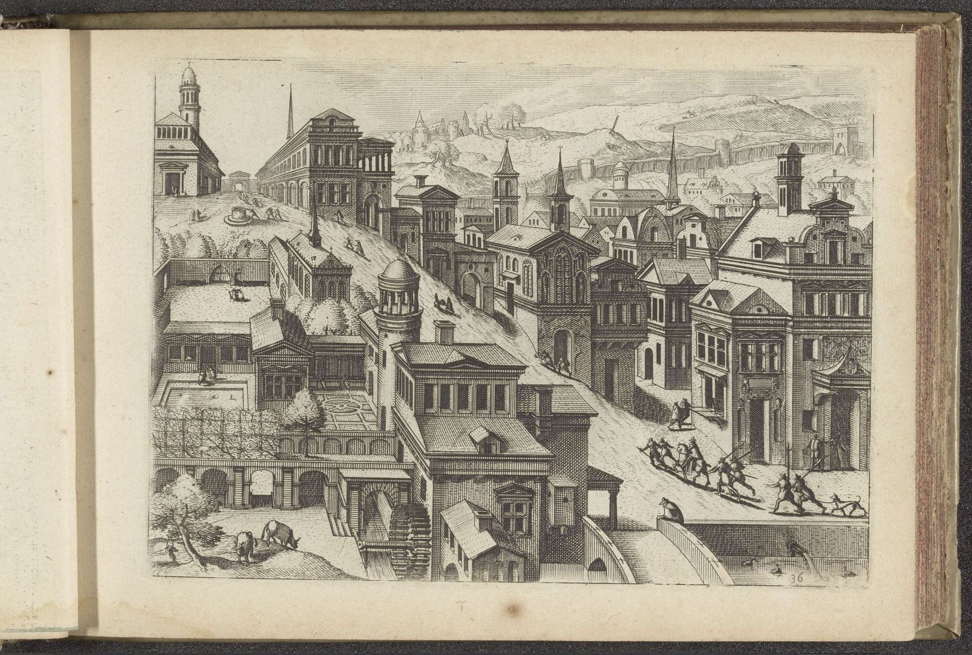 Gezicht op een stad in vogelvluchtperspectief met een straat die bergopwaarts gaat by Johannes of Lucas van Doetechum