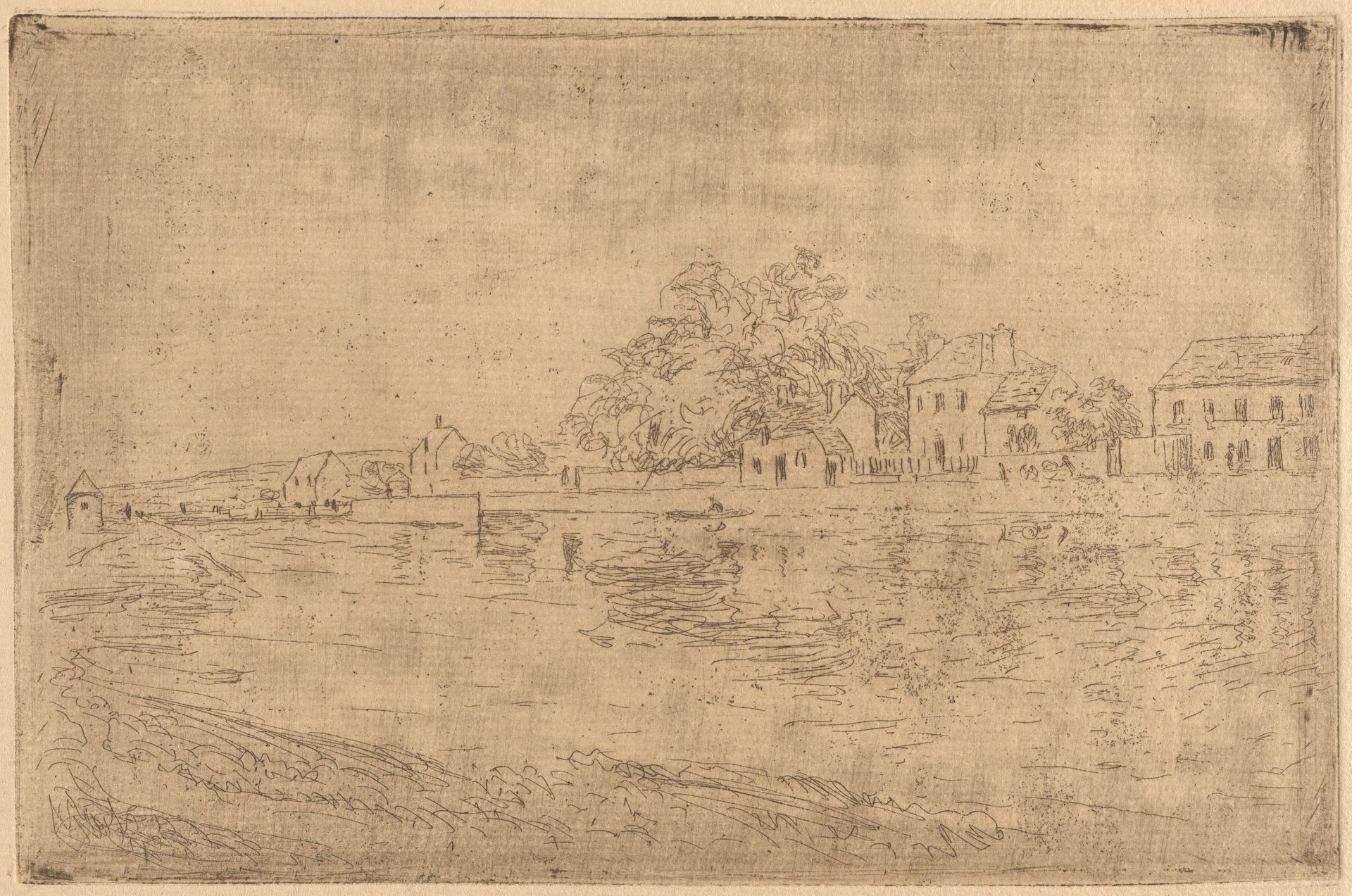 On the Banks of the Loing: Houses by the Water by Alfred Sisley