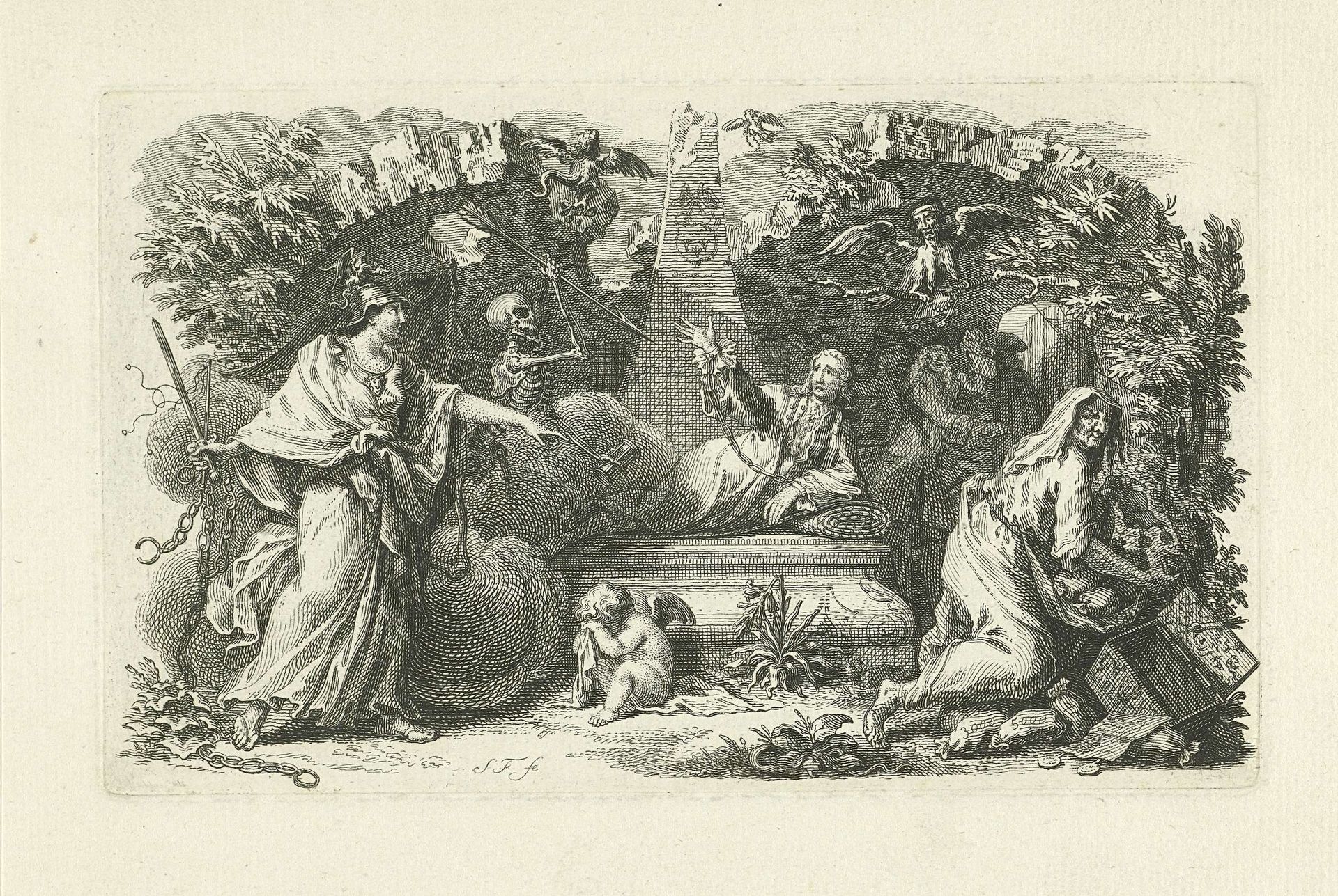 Allegorische voorstelling met graftombe by Simon Fokke