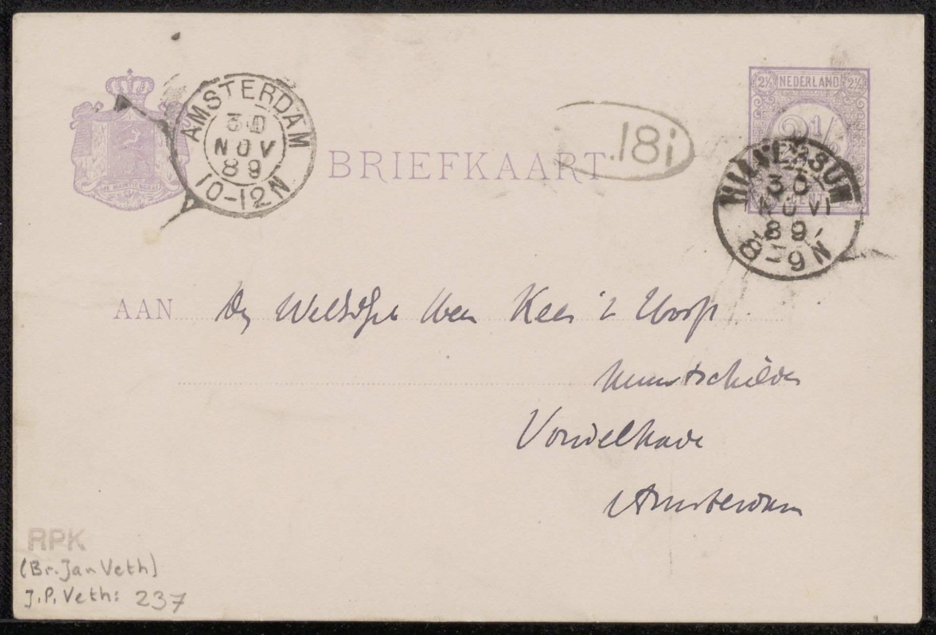 Briefkaart aan Cornelis Gerardus 't Hooft by Jan Veth