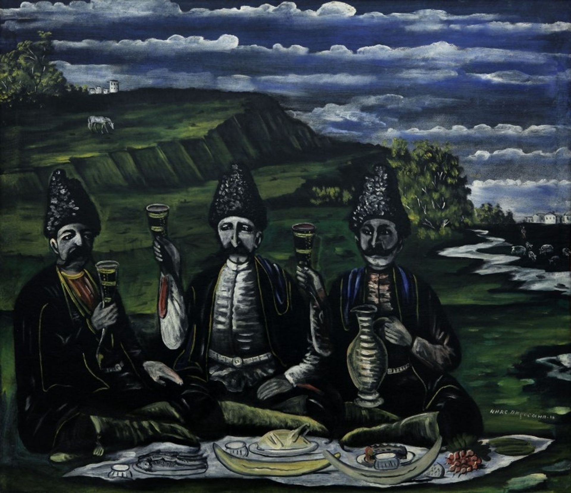 The feast of three Nobles in the valley by Niko Pirosmani