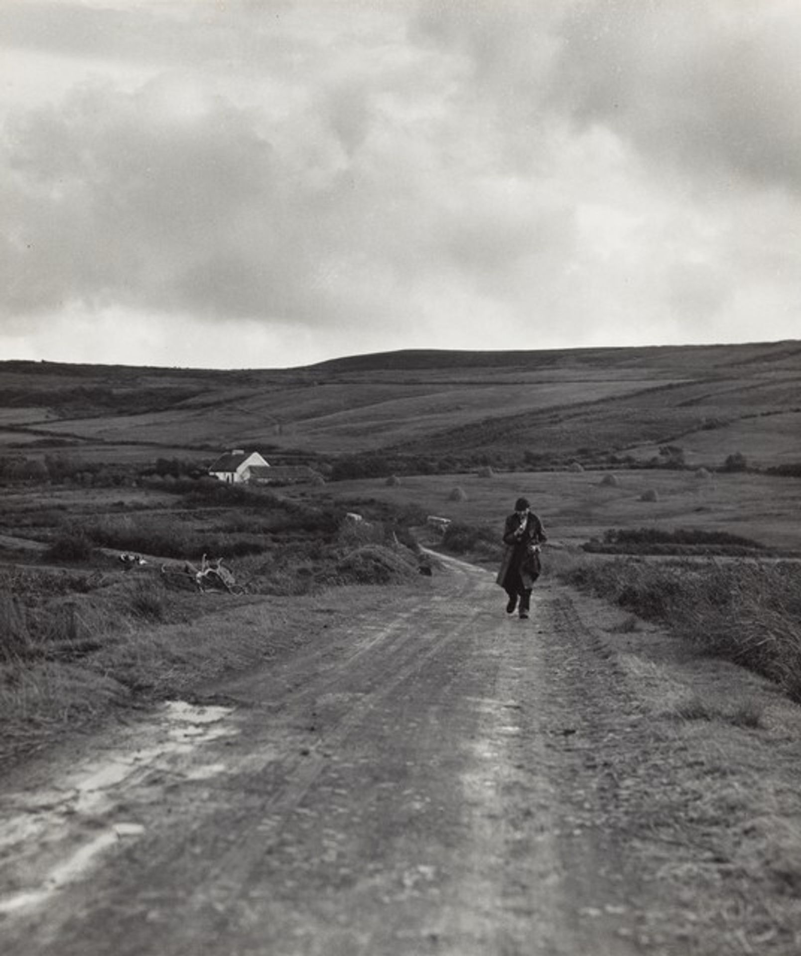 Man walking down a country road from the Kenneally family farm, County Clare, Ireland
 by Dorothea Lange