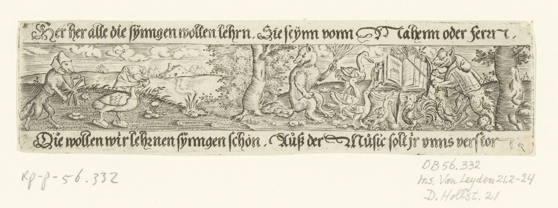 Links wolf die achter gans aan zit, rechts wolf die de passie preekt voor pluimvee by Conrad Saldörffer