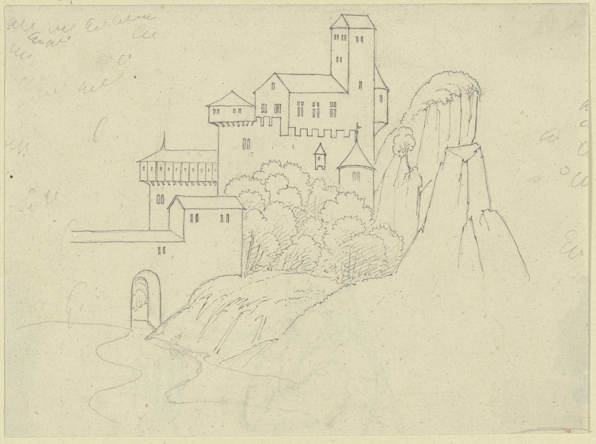 Felsenschloß, links das Tor, rechts am hohen Felsen gelehnt by Karl Ballenberger