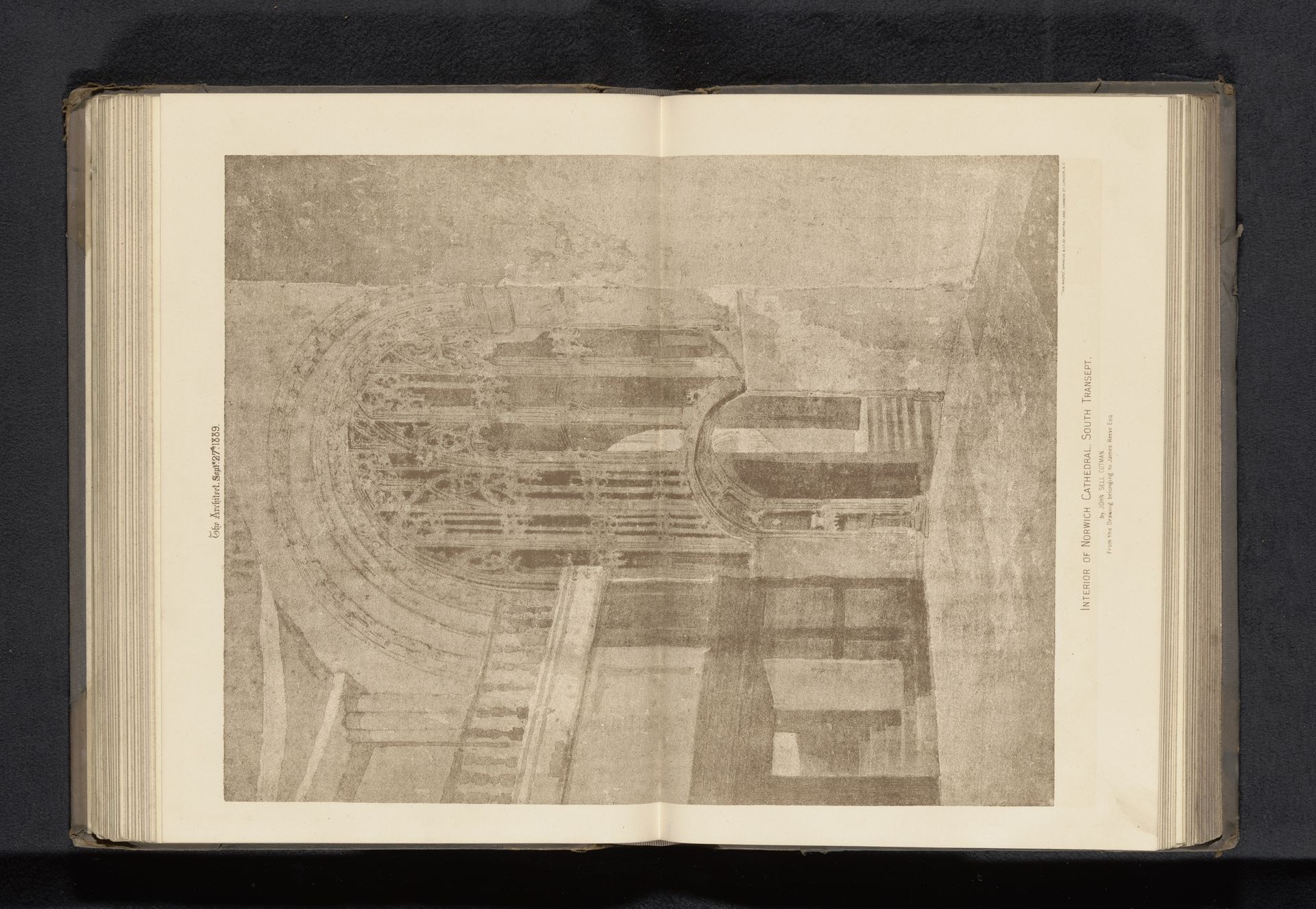 Reproductie van een tekening van het interieur van de kathedraal te Norwich door John Sell Cotman by Sprague & Co.