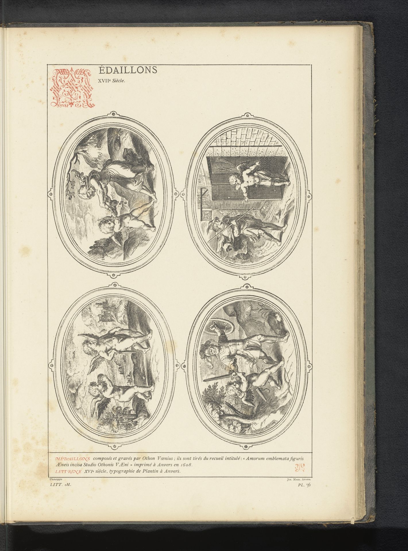 Reproductie van een prent van vier medaillons door Otto van Veen, afgebeeld vier scènes met Cupido by Anonymous