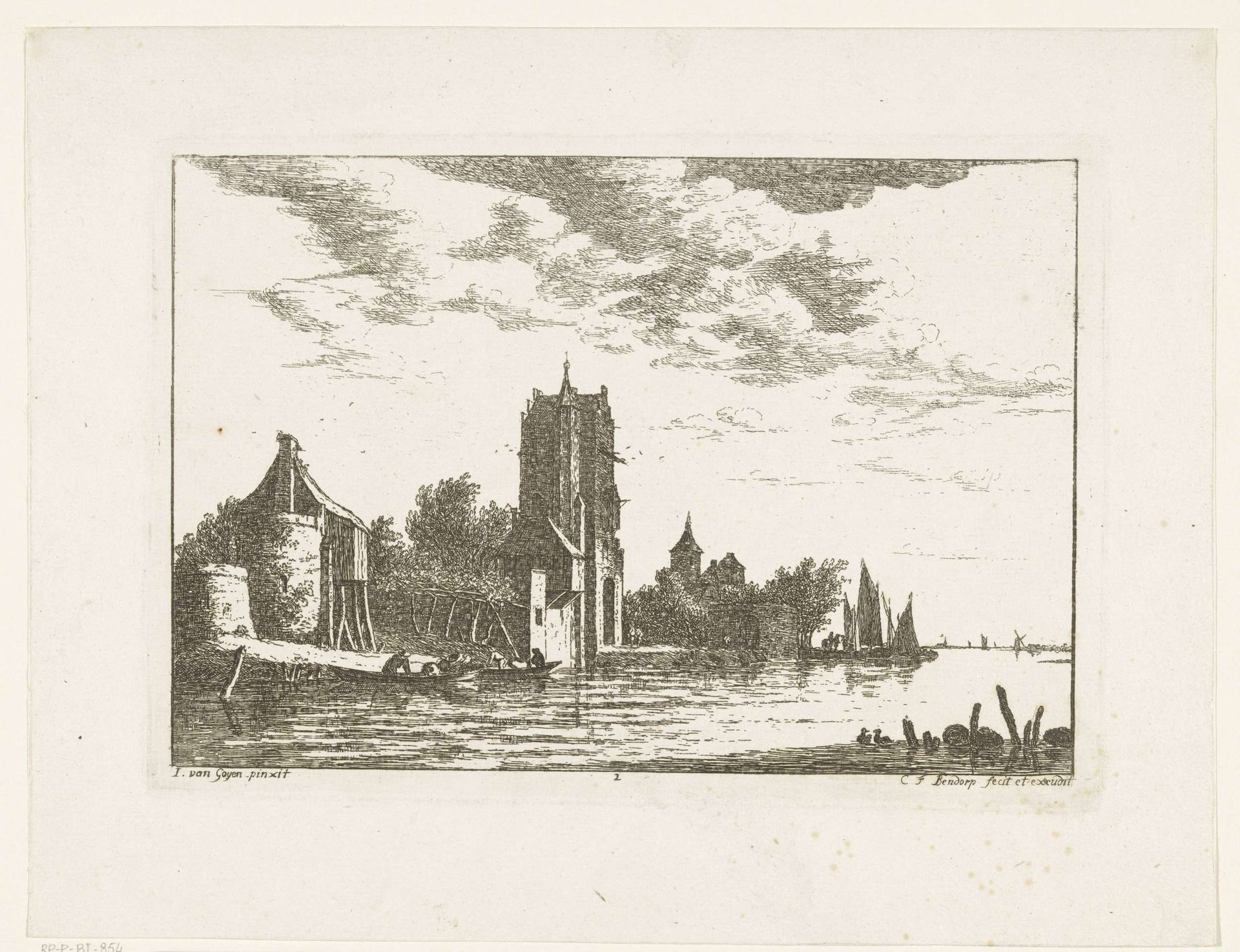 Riviergezicht met poortgebouw en kerk op oever by Carel Frederik (I) Bendorp