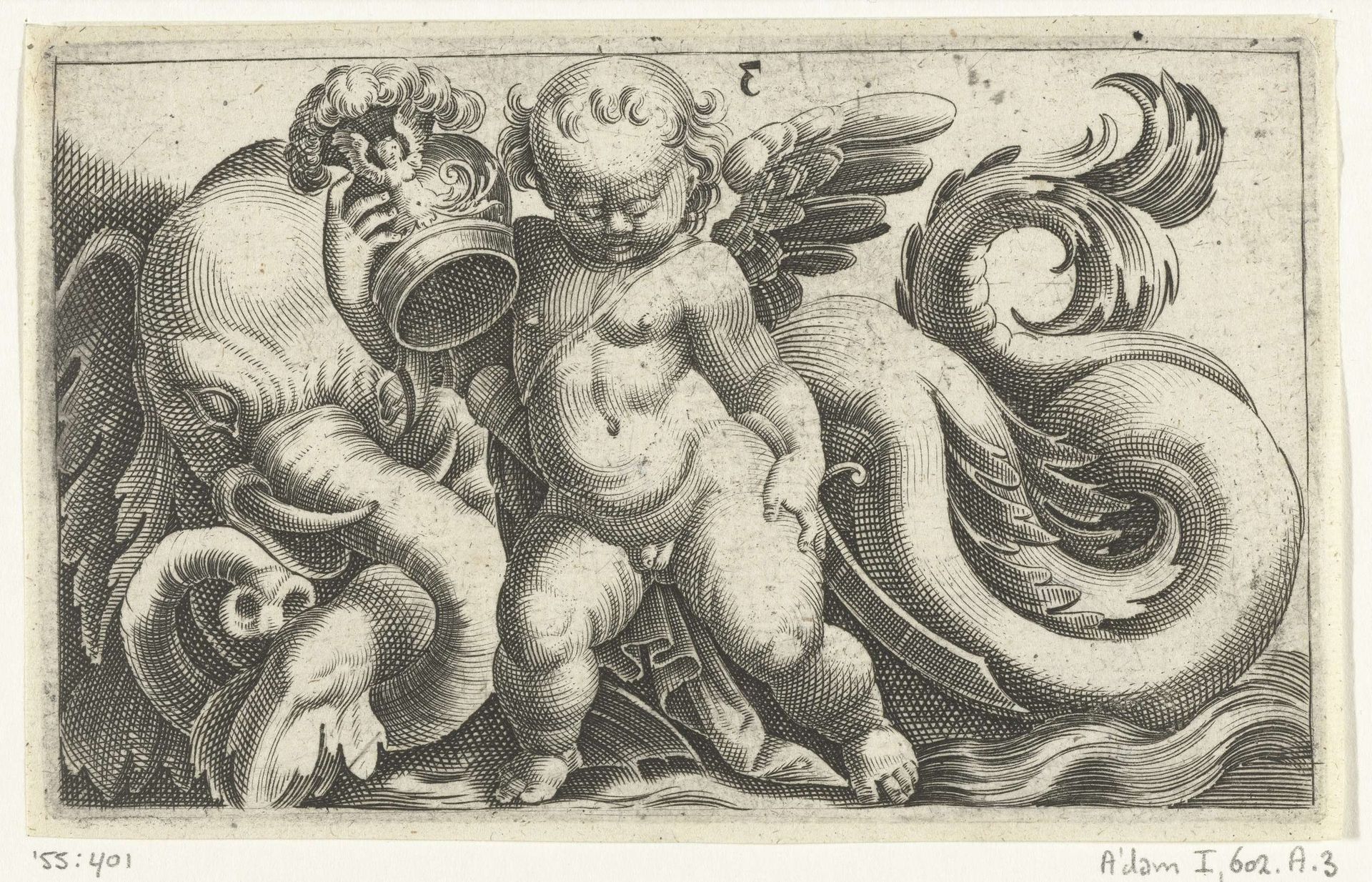 Putto met een helm in de arm bij een zee-olifant by Adam Fuchs