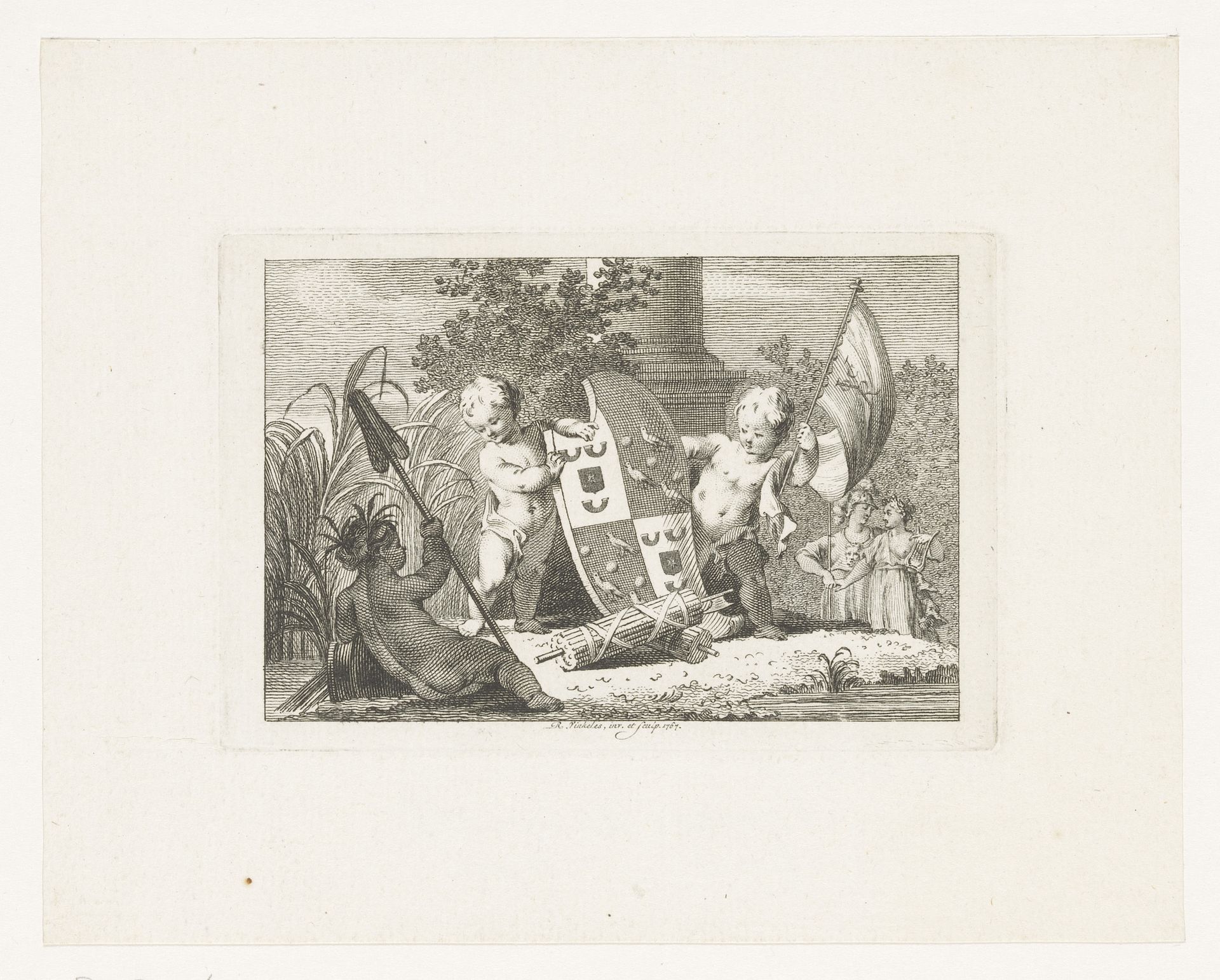 Allegorie met het wapen van familie Cornets de Groot by Reinier Vinkeles