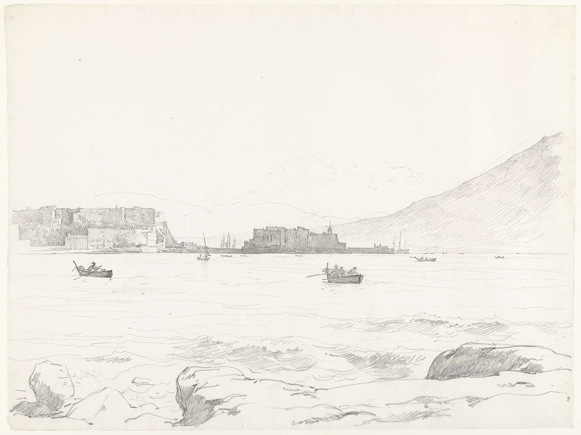 Castel del'Uovo aan de golf van Napels met roeiboten op het water by Hendrik Voogd
