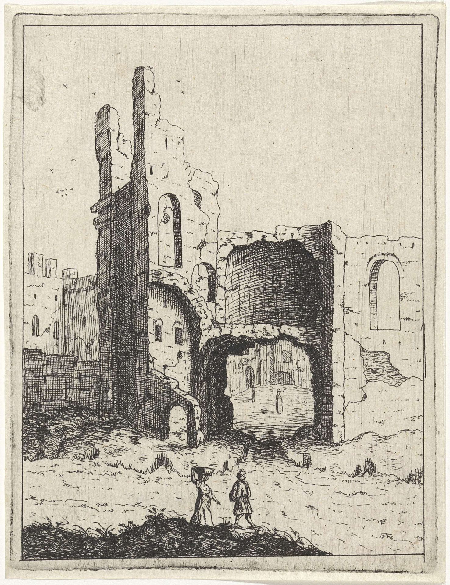 Vervallen stadspoort met een toren by M. Schaep