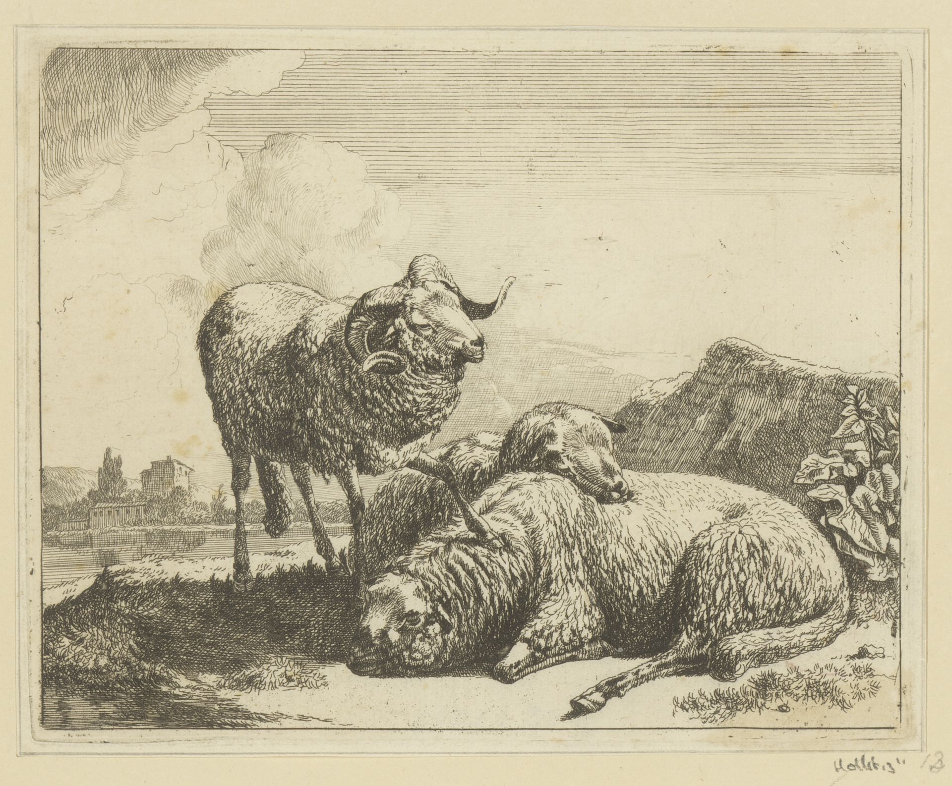 Ram met een poot op liggend schaap by Johann Heinrich Roos