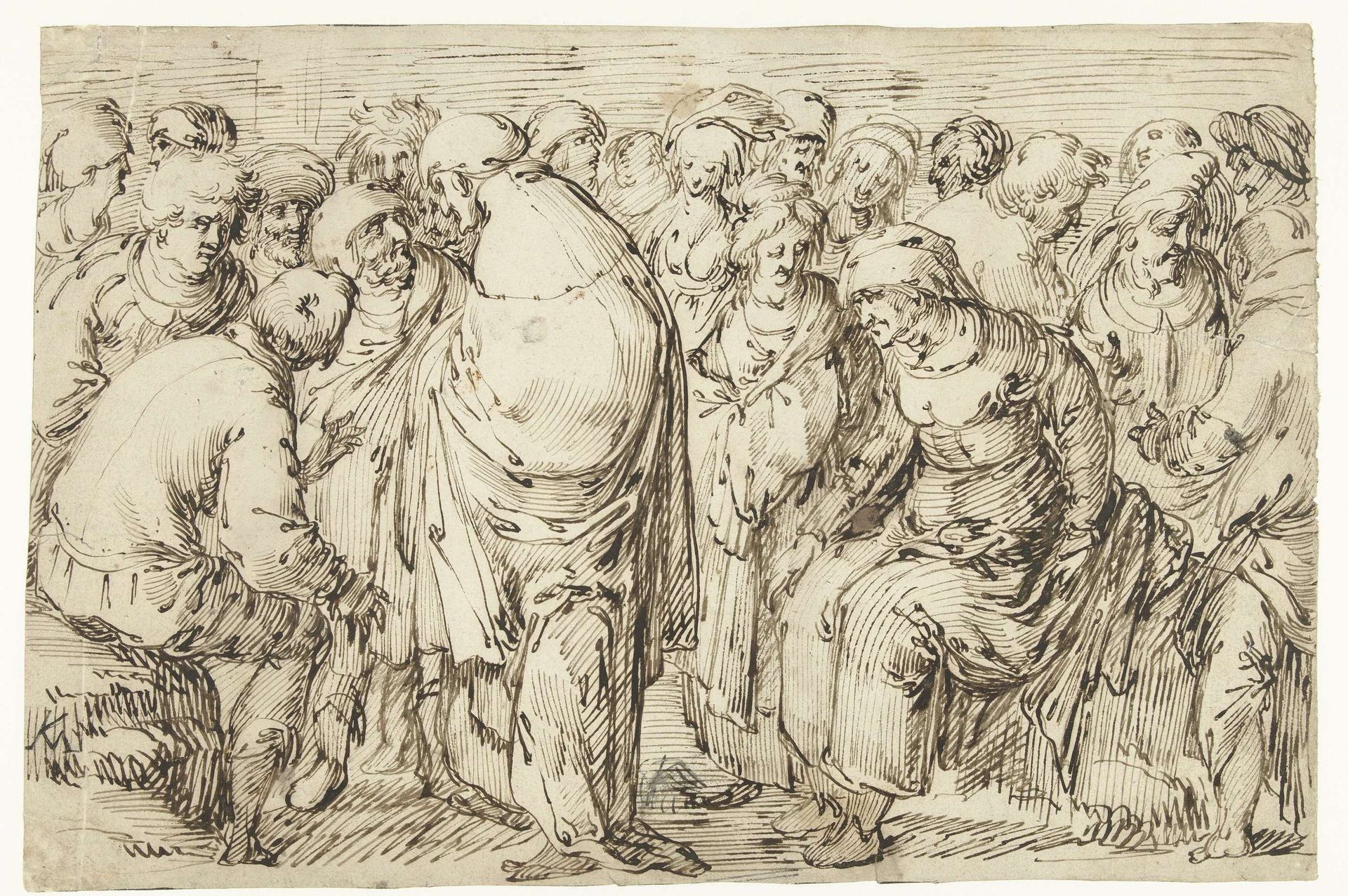 Studieblad met 21 staande en zittende figuren by Nicolaes de Bruyn