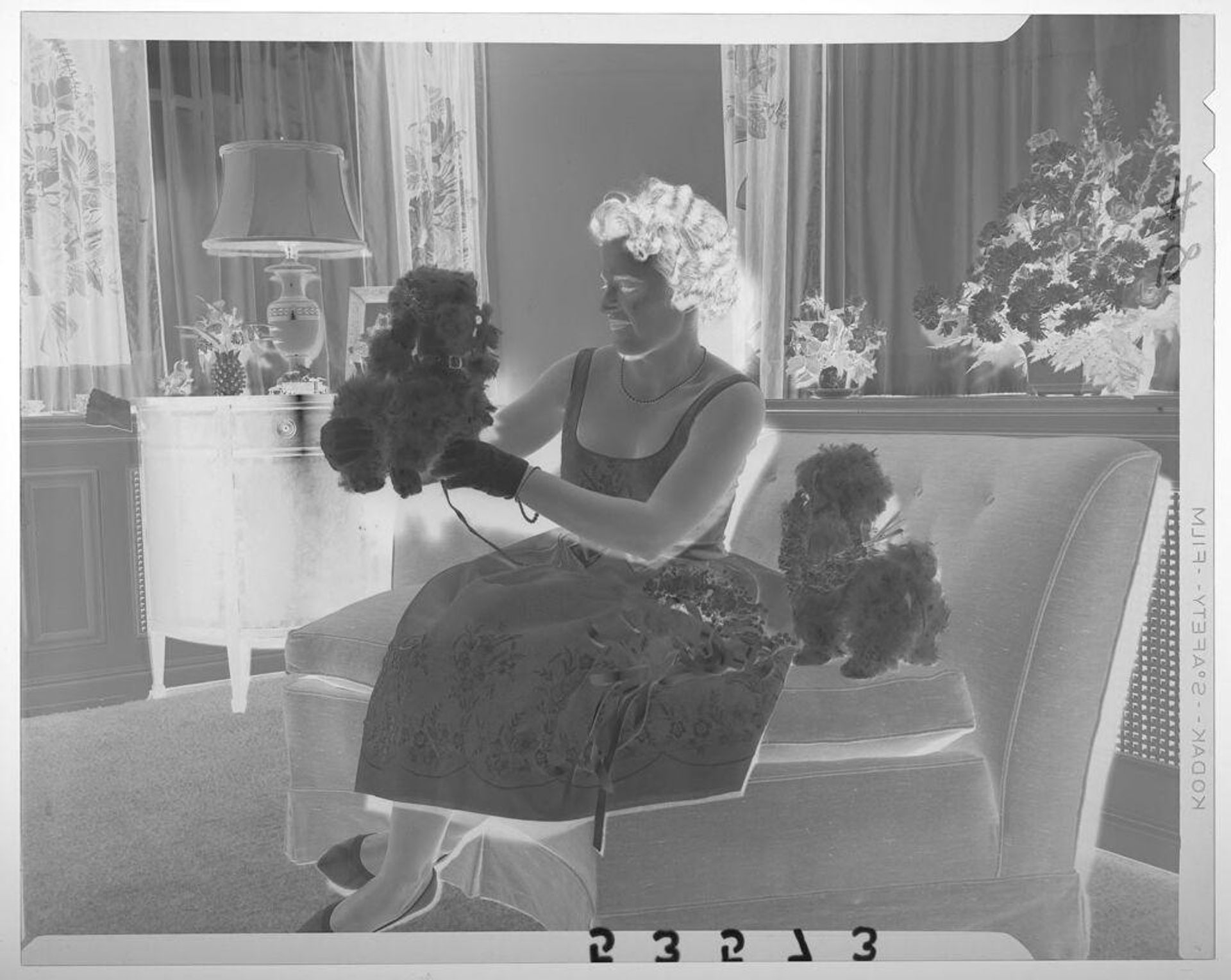 Untitled (woman in formal dress posing on chair with two stuffed dogs) by Martin Schweig