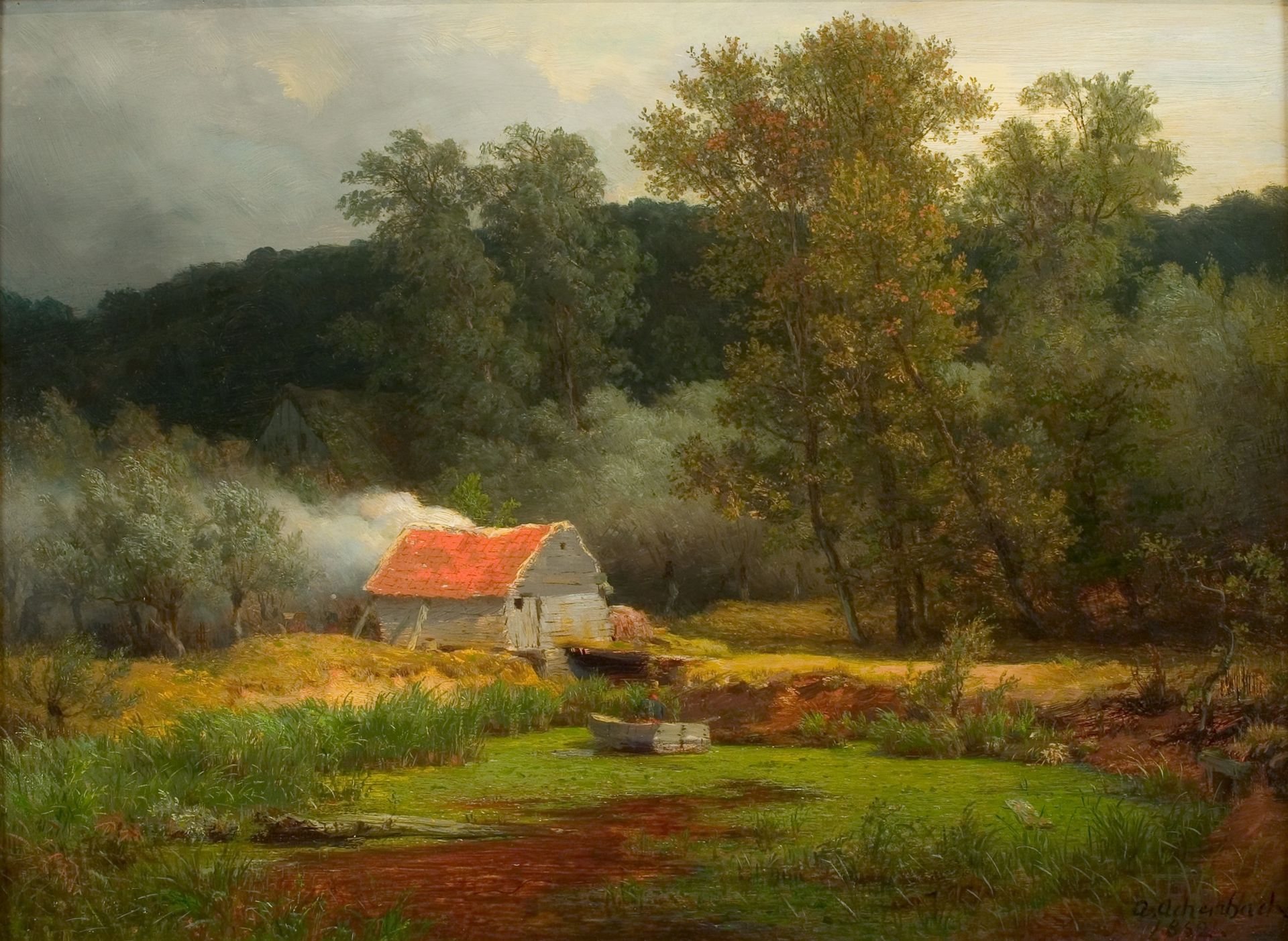 Shed By A Lake in Wooded Hilly Countryside by Andreas Achenbach
